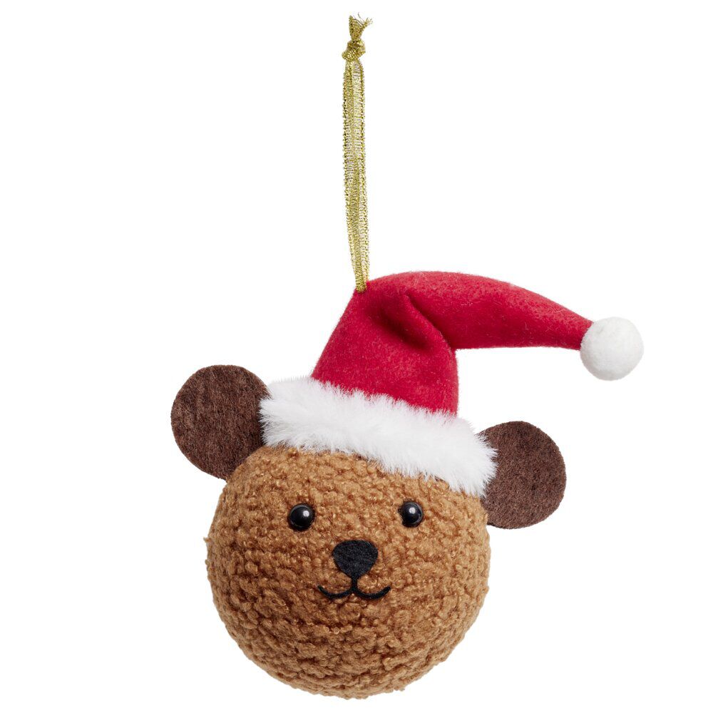 Boule de No&euml;l forme tête ourson en peluche marron 11x8xH12cm