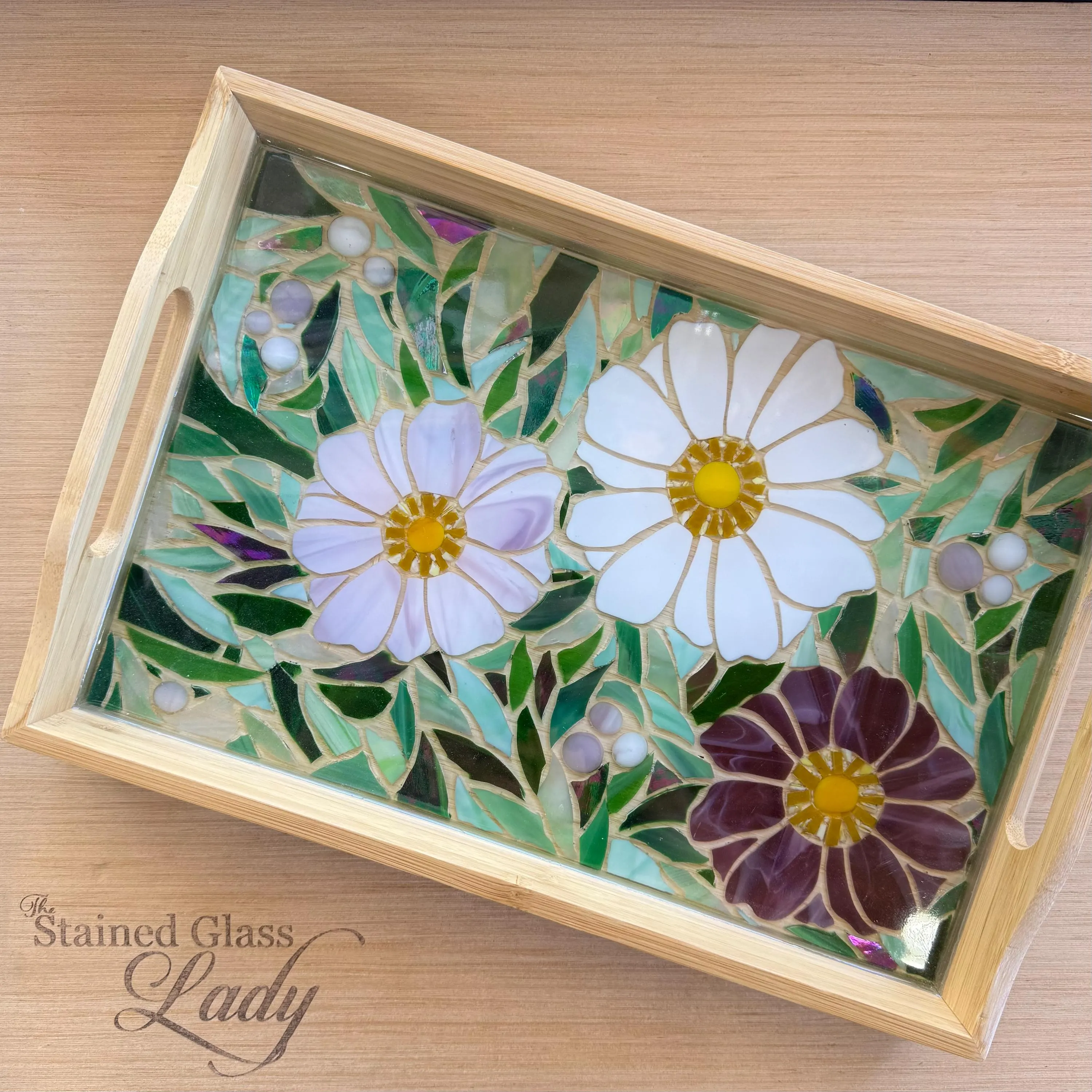 Handcrafted floral mosaic serving tray, unique home decor, unique garden art, nature hostess gift, cocktail tray