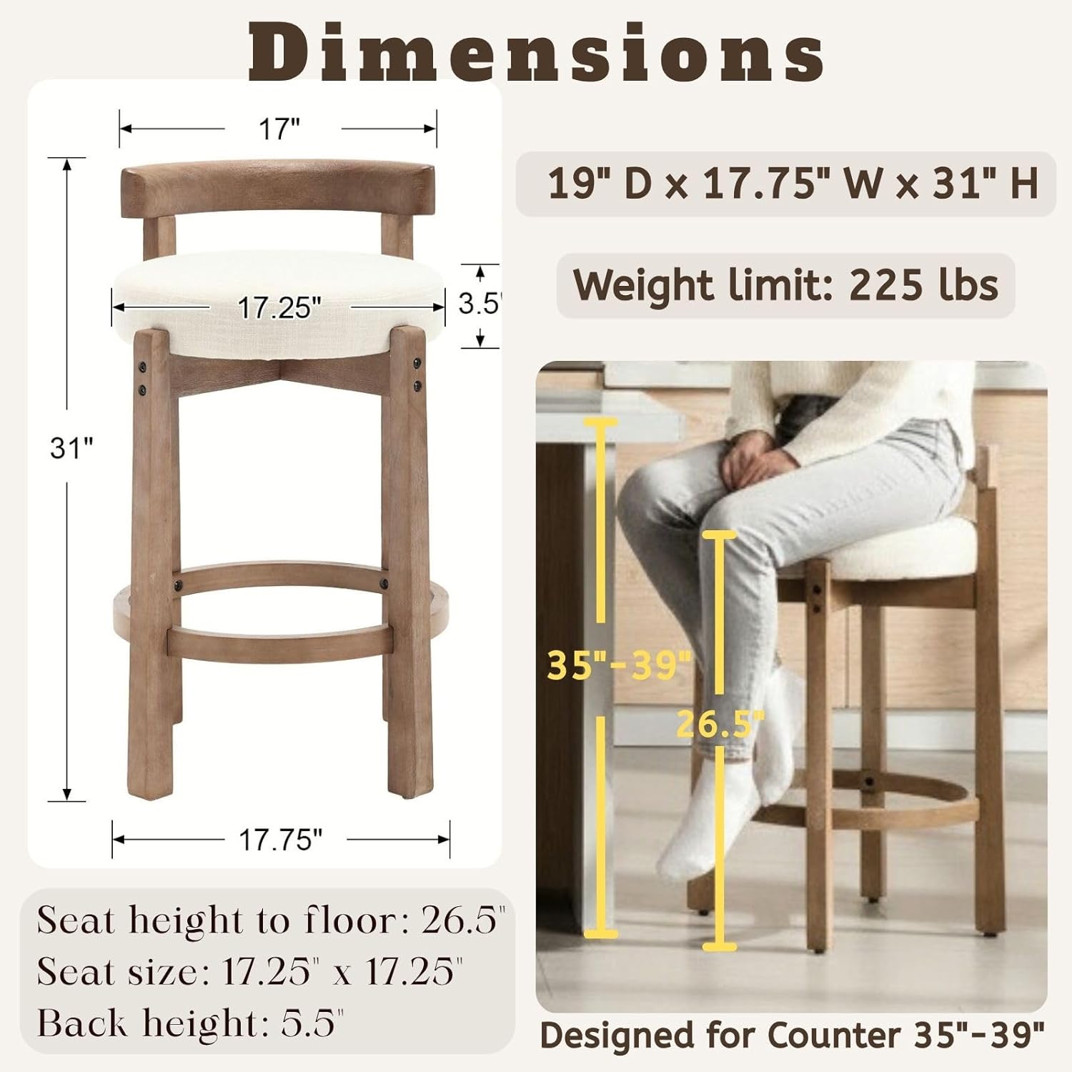 LukeAlon Mid Century Linen Counter Stools Set of 4, Upholstered 26.5” Seat Height Low Barstools with Natural Wood Legs Round Low Back Kitchen Stools with Footrest for Dining Room, Beige