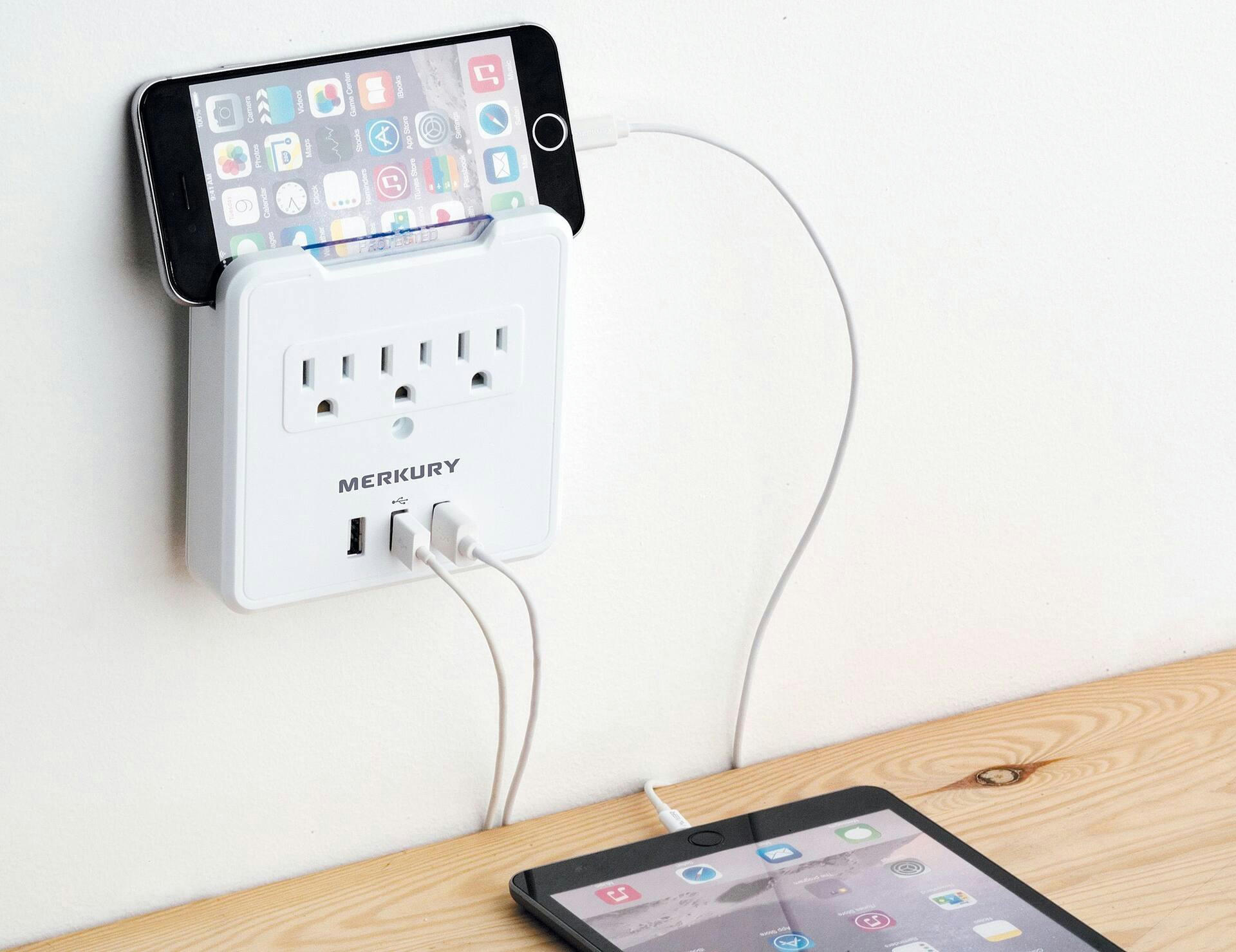 Merkury 3-Outlet and 3 USB Wall Adaptor with Surge Protector, 300 Joules, Phone Holder, White