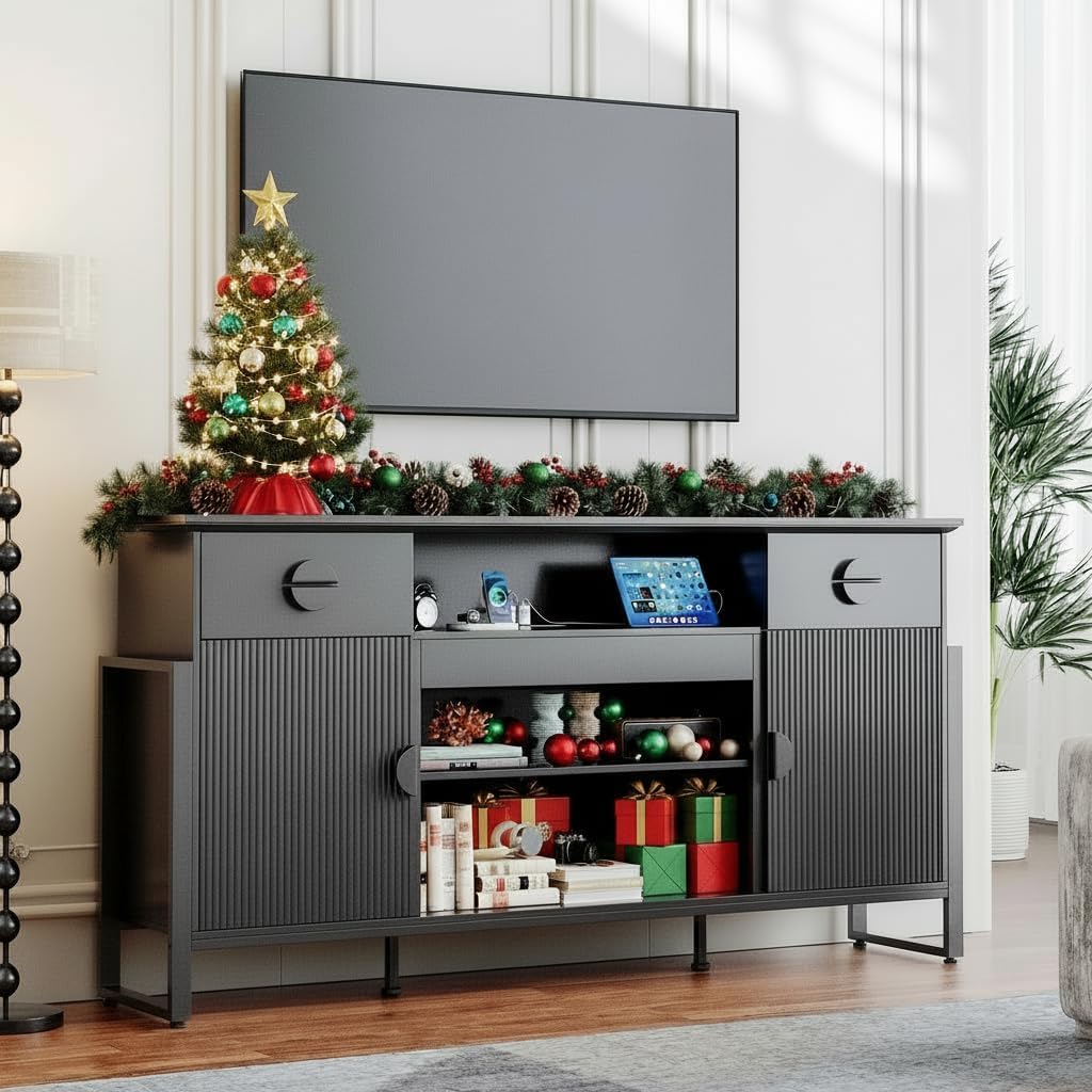 Naice TV Stand for 80 Inch TVs, 38 Tall Entertainment Center with Power Outlet, Stylish TV Stand w/Drawers & Cabinets, Raising Legs, Curved Profile Design, Media Console for Living Room, Black