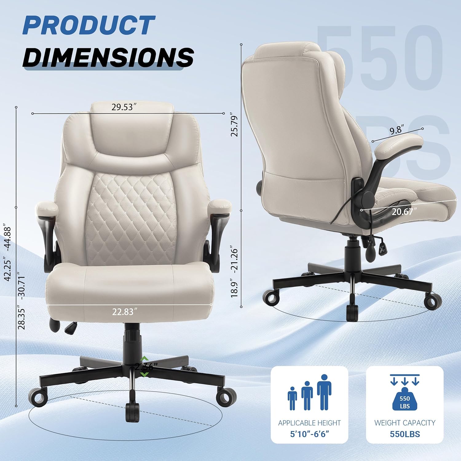 550LBS Big and Tall Office Chair, Comfy Heavy Duty Executive Chair with Adjustable Lumbar Support Double Spaces Casters, PU Extra Wide Seat Ergonomic Computer Desk Chair for Back Pain, BEIGEWHITE