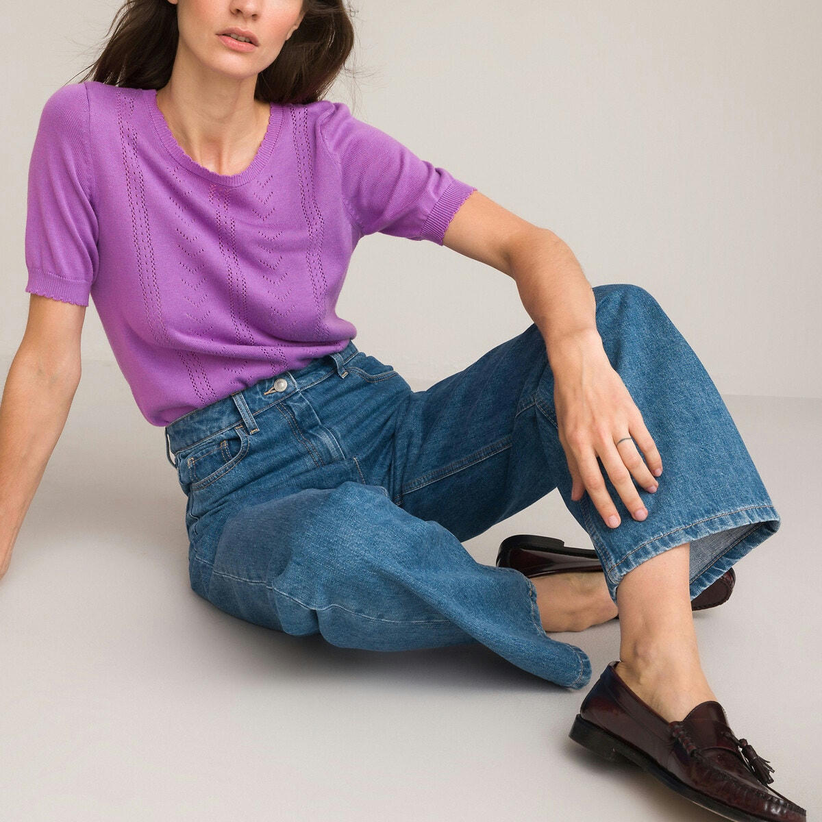 Pull manches courtes fine maille pointelle