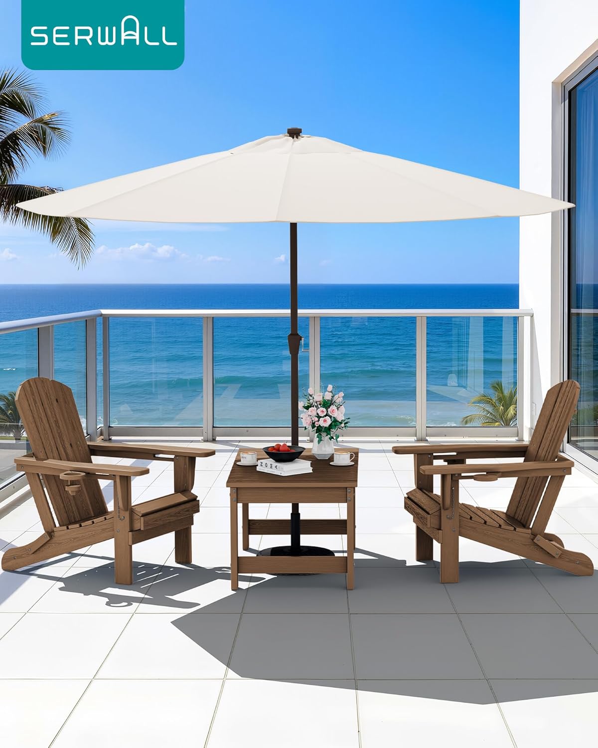 SERWALL Outdoor Coffee Table with 1.69 Umbrella Hole, HDPE Patio Coffee Table for Outside, Rectangle, Brown
