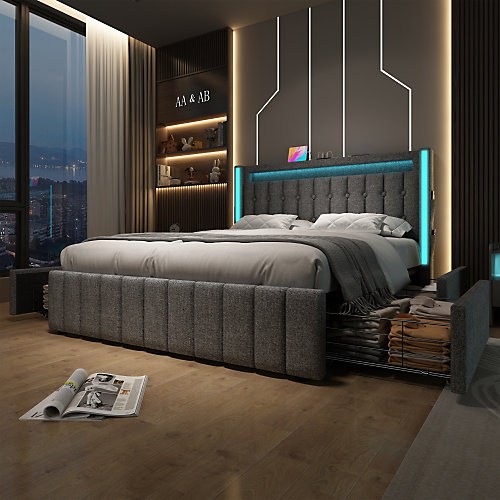 Lit adulte rembourré 140x200 cm en lin -2 tiroirs - avec fonction de charge et éclairage LED - Gris