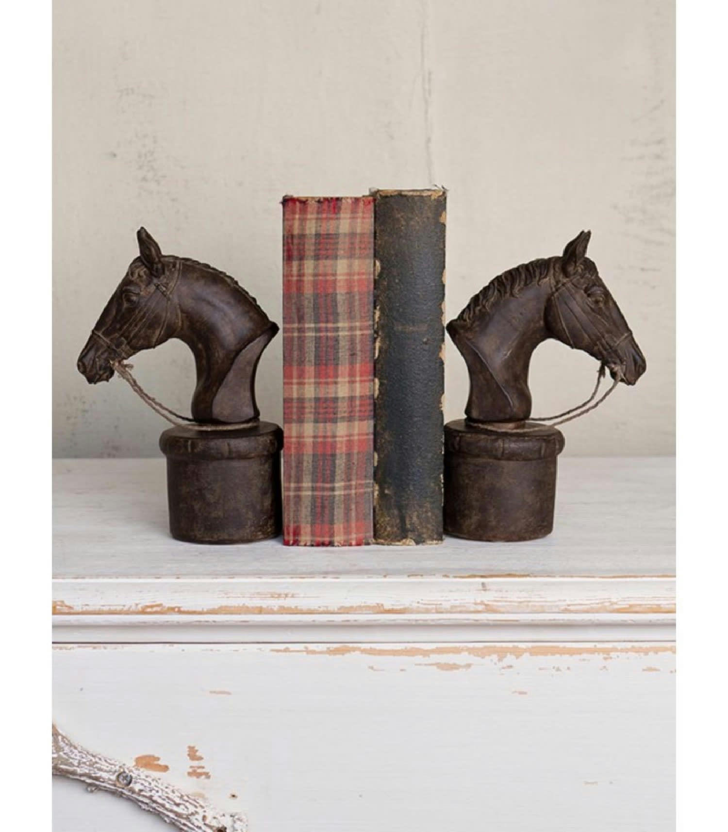 CHEVAL - Serre-livres tête de cheval en résine marron