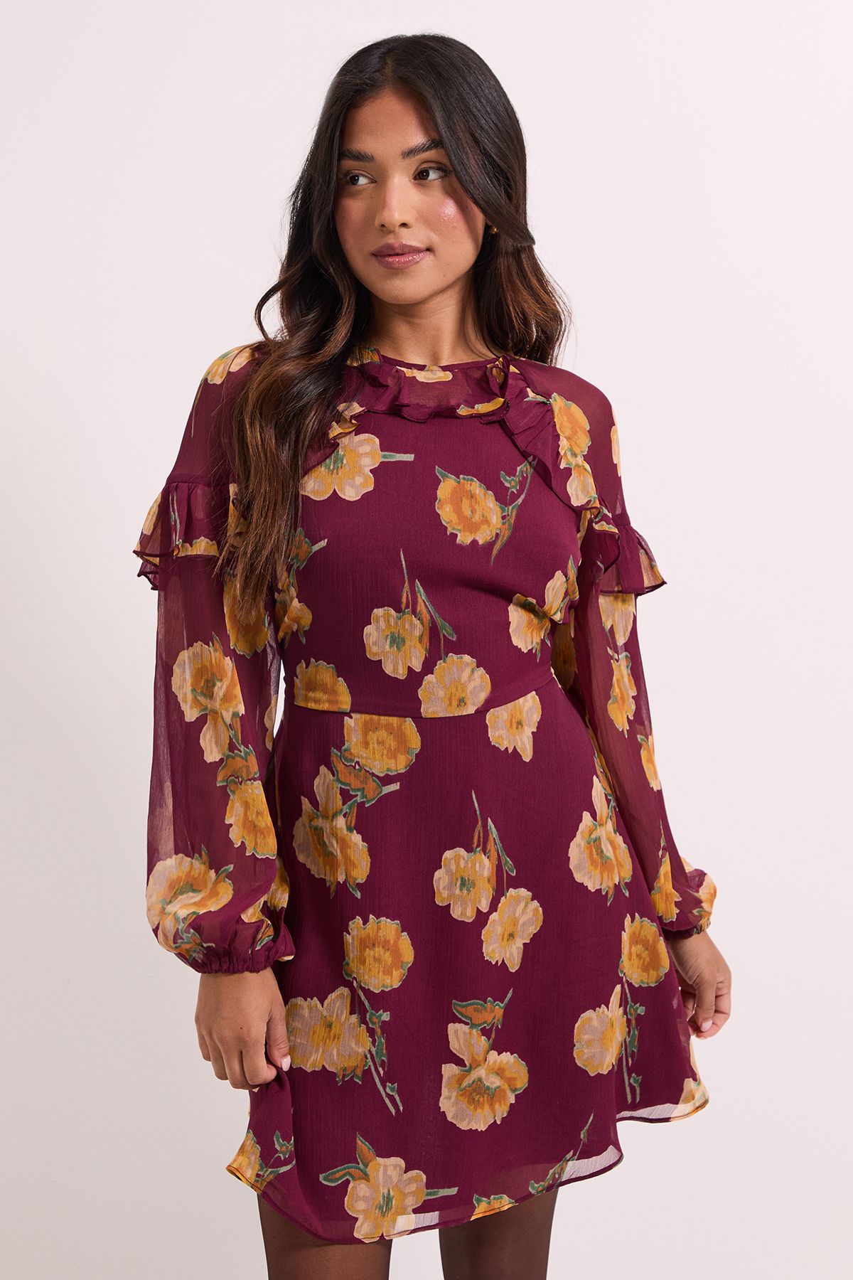 Dorothy Perkins Petite Brown Frill Detail Blouson Sleeve Mini Dress