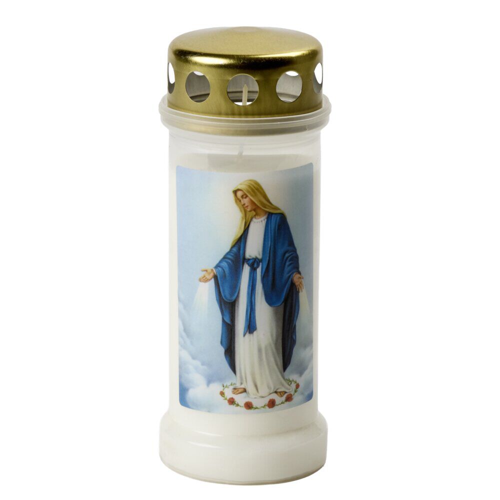 Bougie religieuse cire Vierge Marie plastique blanc Ø6,5xH17cm