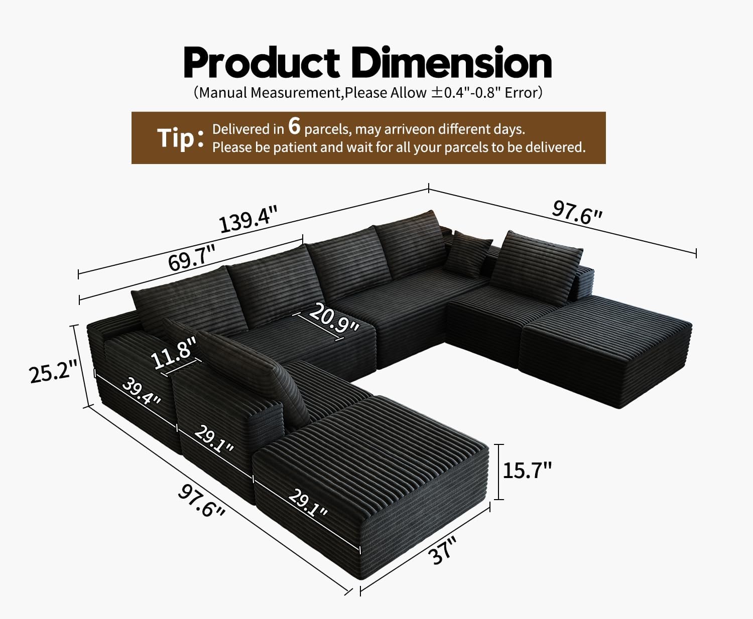 139.4 Modular Sectional Sofa Couch, Oversized U-Shaped Minimalist Couches with 2 Ottomans Chaise and 2 Middle Seats, Modern Deep Seat Cloud Plush Corduroy Sofas Set for Living Room, 8 Seater, Black