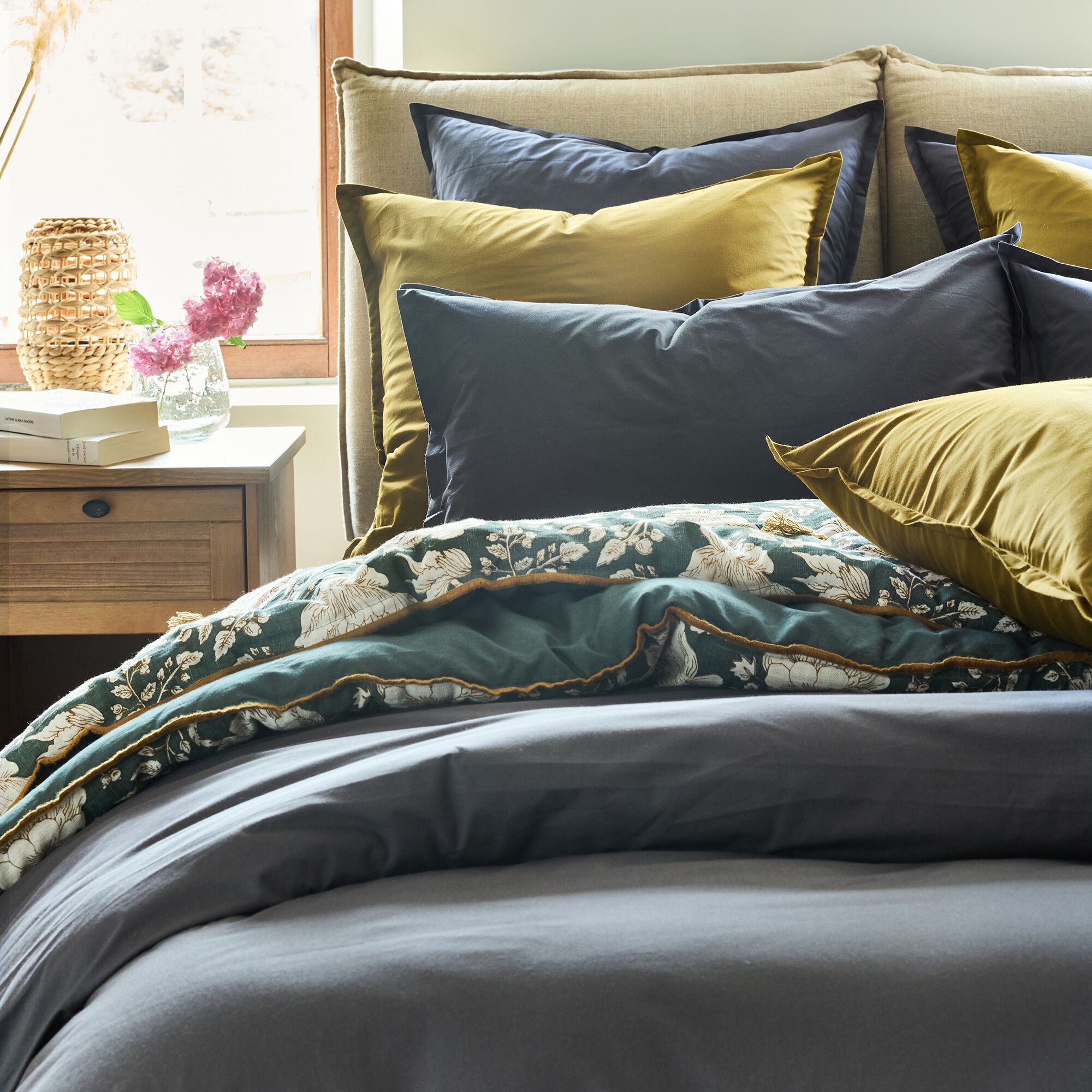 FLORE - Lot de 2 taies d'oreiller en percale de coton - gris ardoise 50x70cm