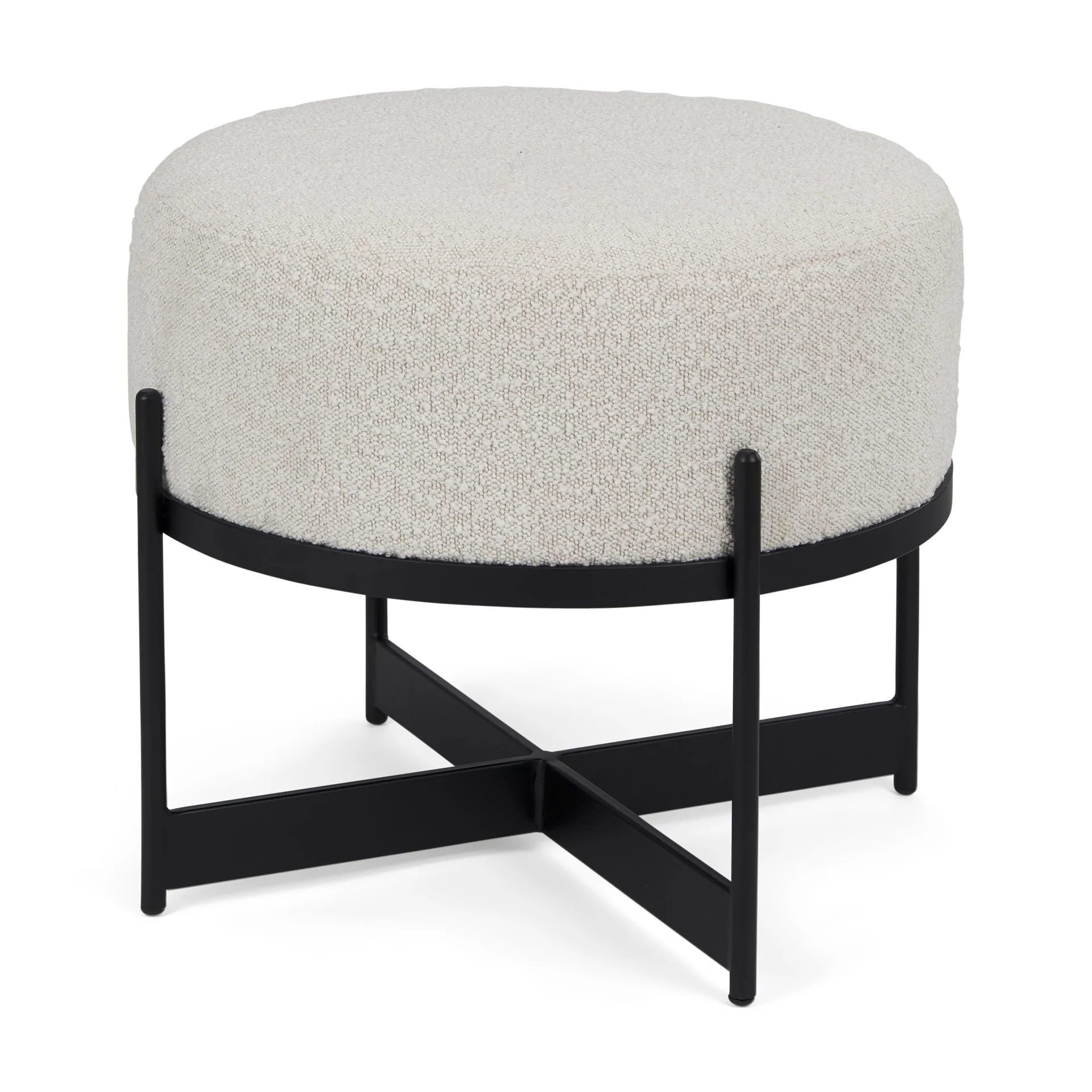 Amelia Cream Boucle Fabric with Black Metal Frame Round Ottoman