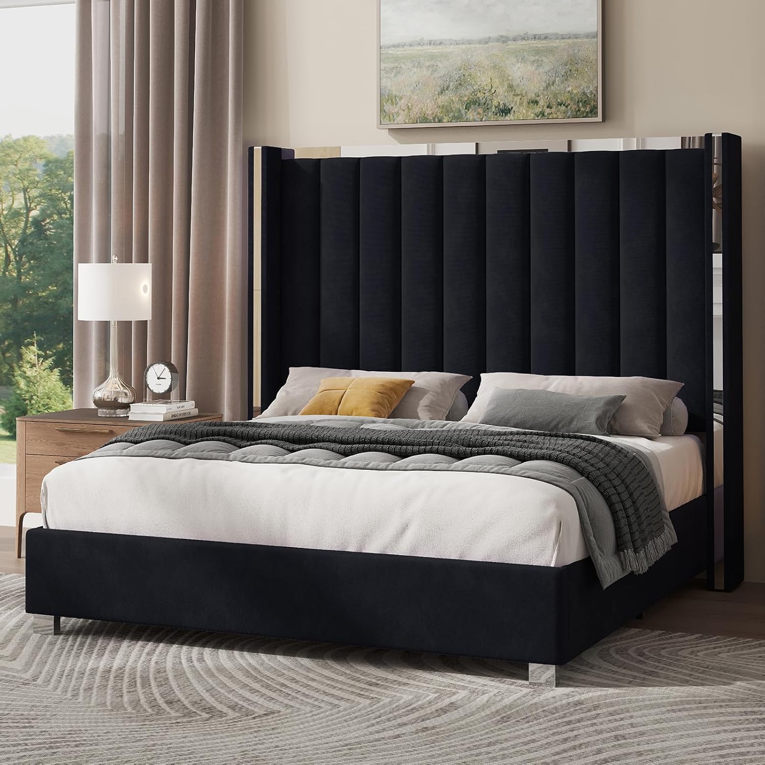 Jocisland King Size Bed Frame with 58 Tall Headboard, Velvet Upholstered Platform Bed with Channel Tufted Wingback Headboard and Plating Trim, No Box Spring Needed, Black