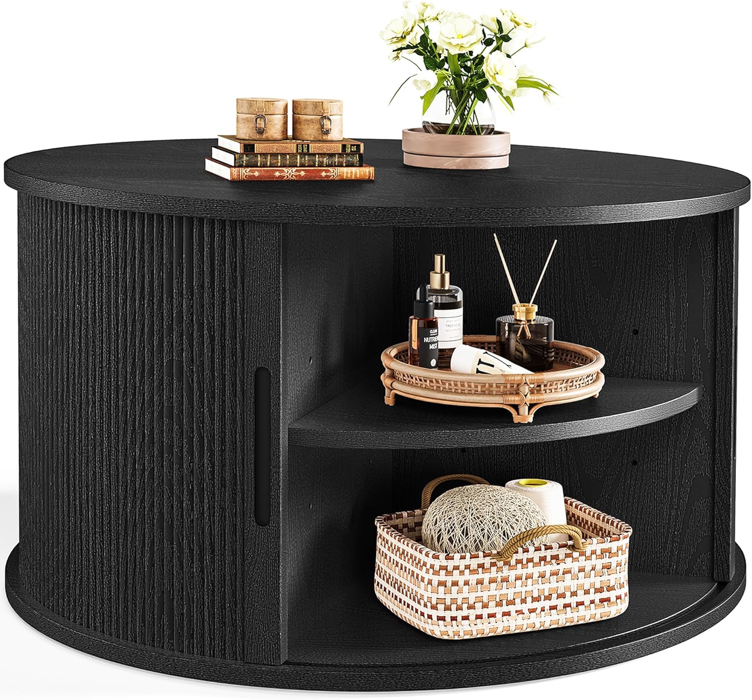 LINSY HOME Round Coffee Table, 31.5 Drum Coffee Table with Sliding Tambour Door, Fluted Accent Center Table with Storage, Mid Century Modern Coffee Table for Living Room (Black)