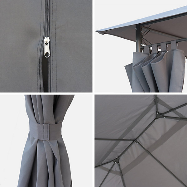 Ensemble complet toile de toit et rideaux gris pour tonnelle 3x4m Divio - toile de rechange pergola. toile de remplacement