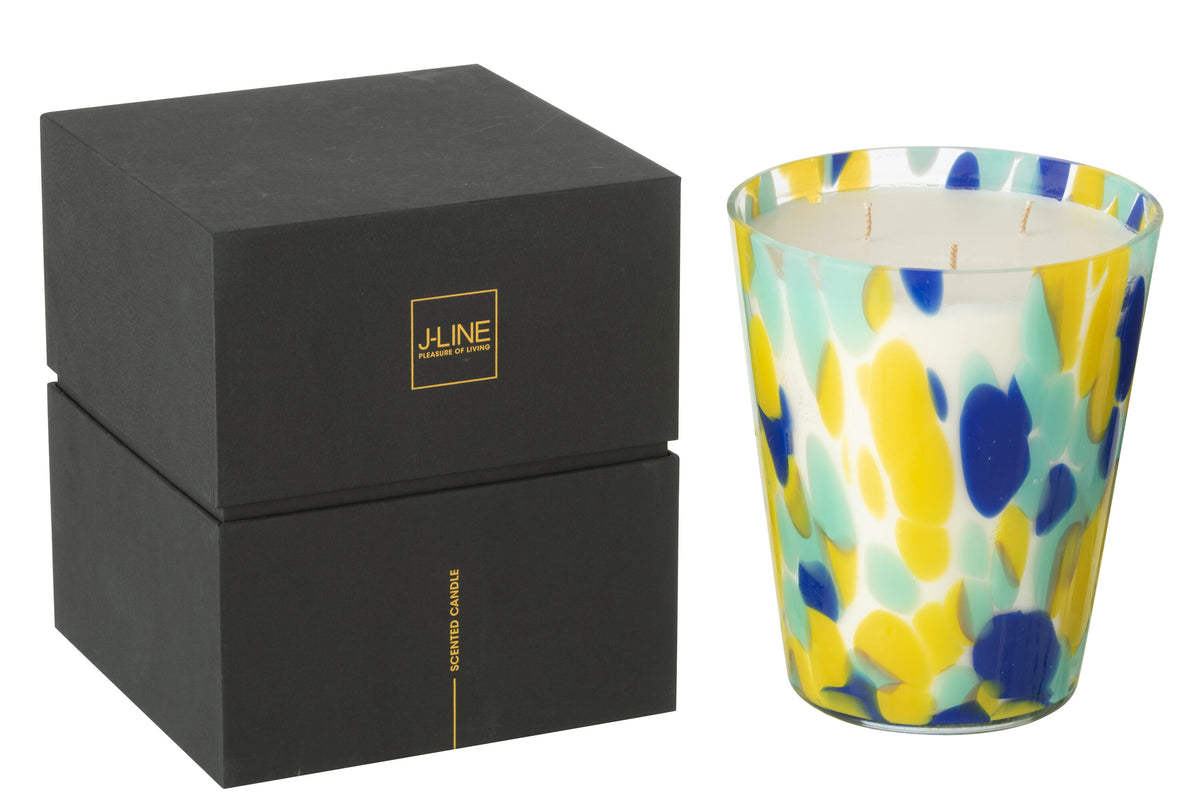 J-Line geurkaars Noa Strepen - White Tea - glas - blauw/geel - large - 95U