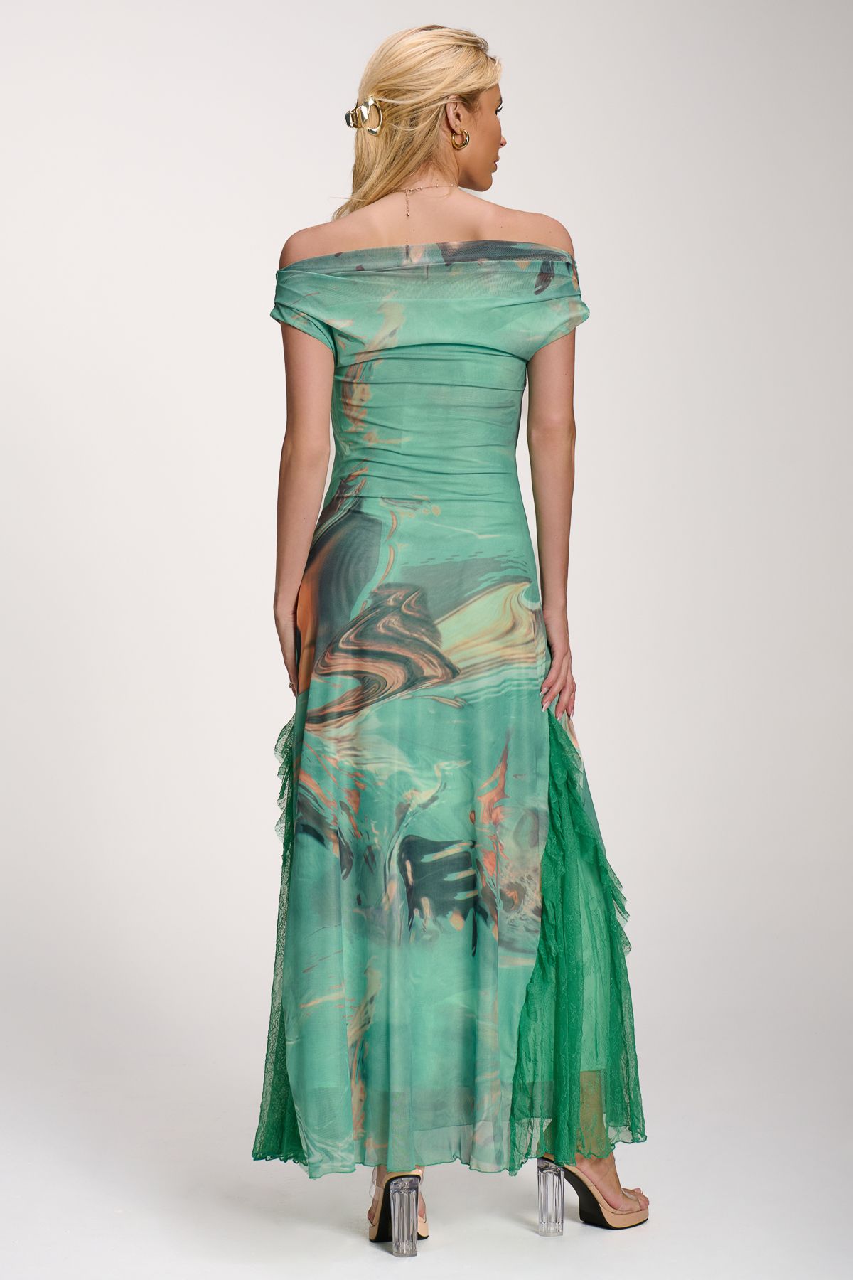 Jolie Moi Lace Insert Ruched Mesh Maxi Dress