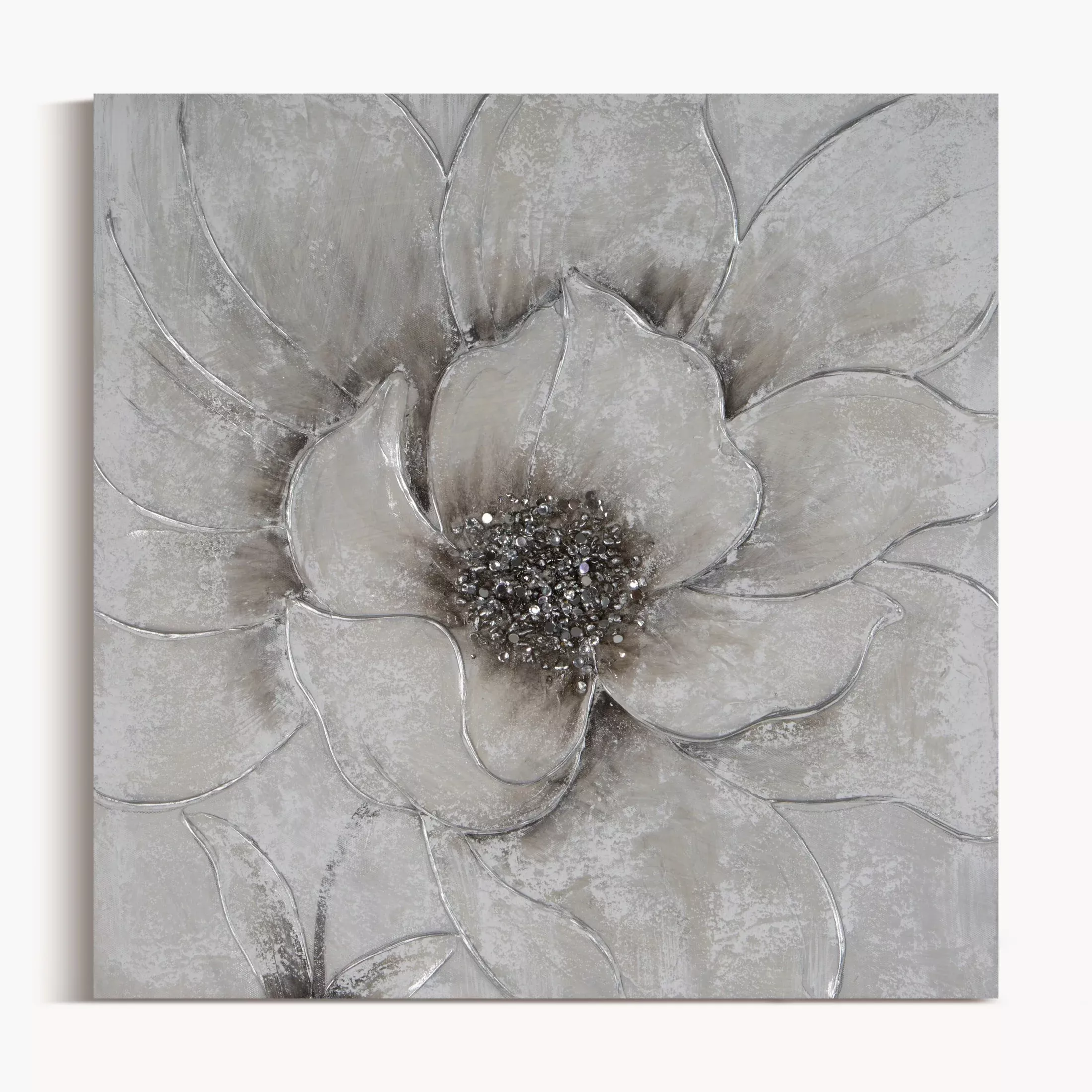 Obraz roślinny szaro, srebrzysty ręcznie malowany na płótnie kwiat z dodatkami cyrkonii 50x50 cm FLOWERY