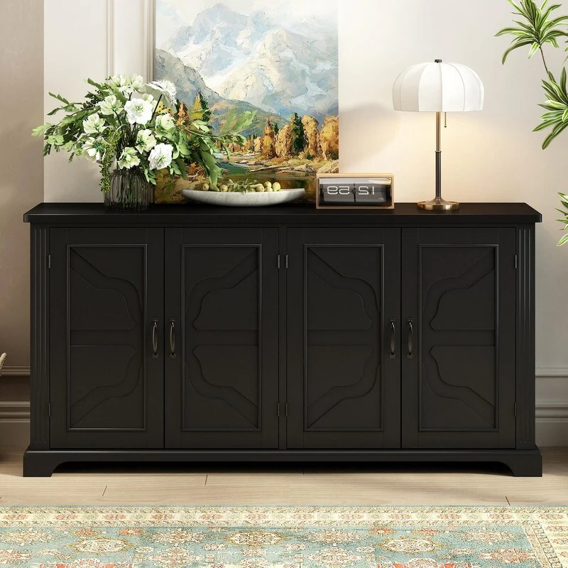 62.8 Large Wooden Sideboard with Solid Pine Doors and Metal Handles for Living Space