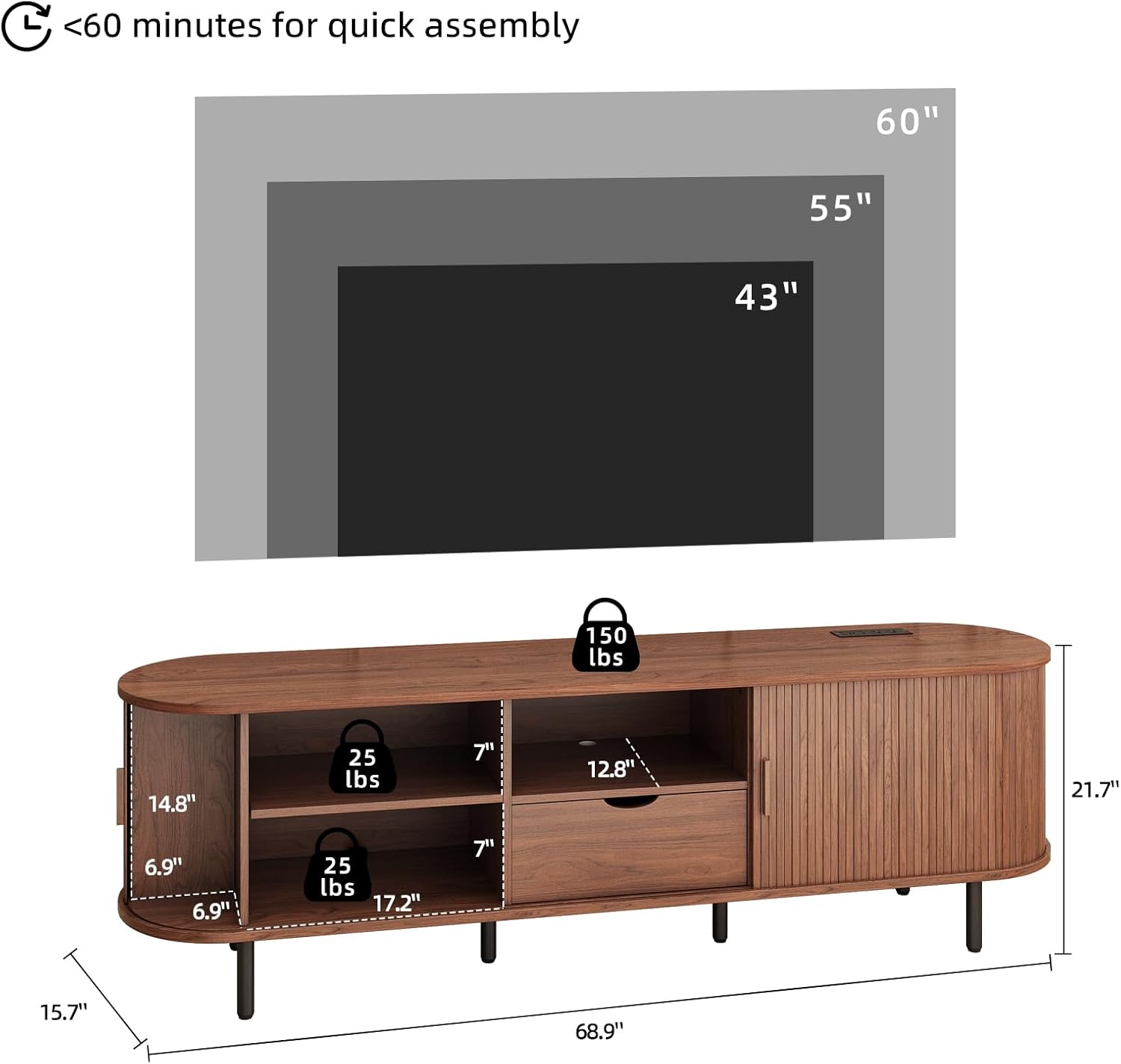69 Mid-Century TV Stand with Power Outlet, Fluted Entertainment Center with Storage Drawer, TV Console with Sliding Door and Adjustable Shelves, TV Stand up to 80 for Living Room, Bedroom, Walnut