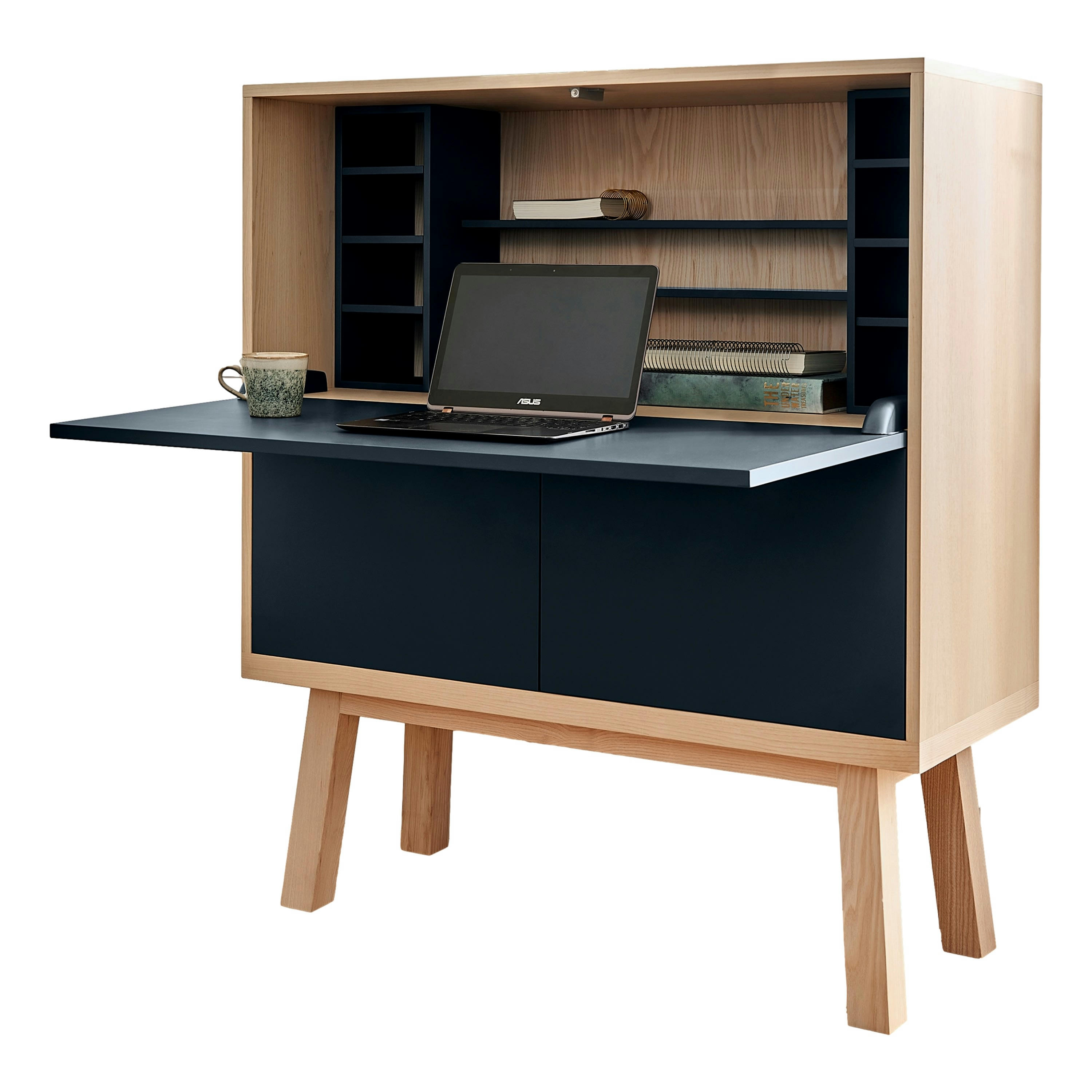 KUBE - Bureau secrétaire avec rangement, 120 cm de large, en frêne