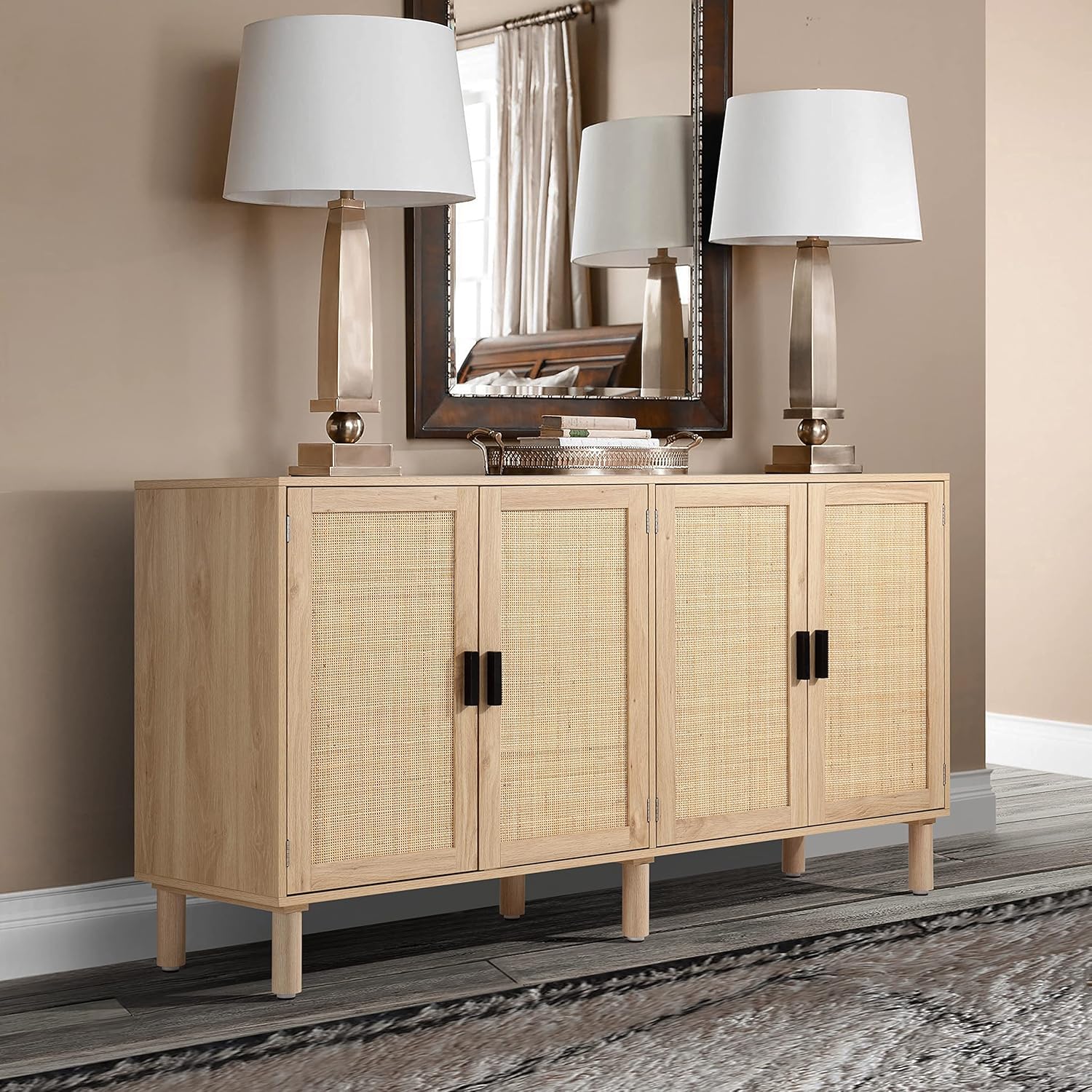 Finnhomy 4 Door Sideboard Buffet Cabinet, Kitchen Storage Cabinet with Rattan Decorated Doors, Cupboard Console Table, Boho Accent Liquor Cabinet for Home Bar, 62.3X 15.7X 34.6 Inches, Natural
