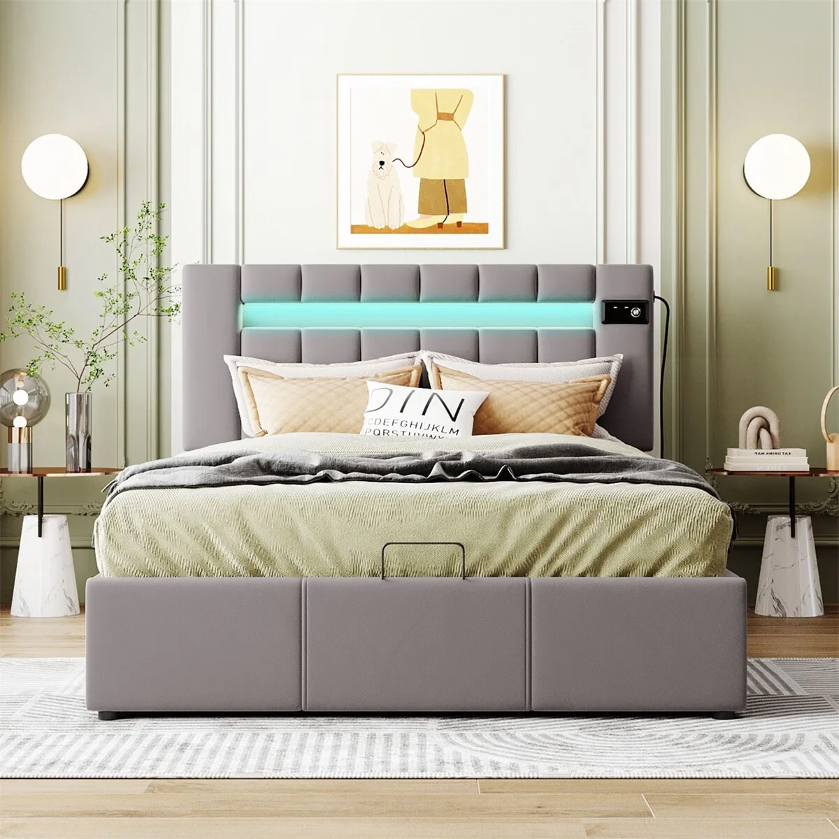 Merax Upholstered Hydraulic Storage Bed with LED light, Bluetooth Player and USB Charging