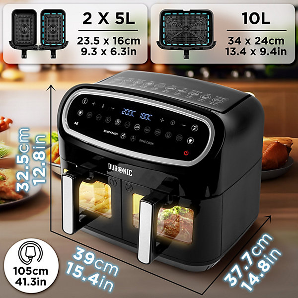 AF34 BK Friteuse à air 2400W Airfryer 3 tiroirs de 5 et 10 litres Sync Cook Sync Finish 10 modes de cuisson Sans huile Duronic