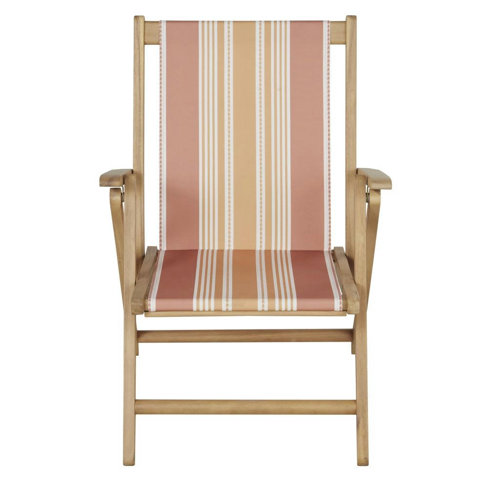 Danielo - Fauteuil pliant en bois d'acacia massif et toile motifs à rayures orange et ocres