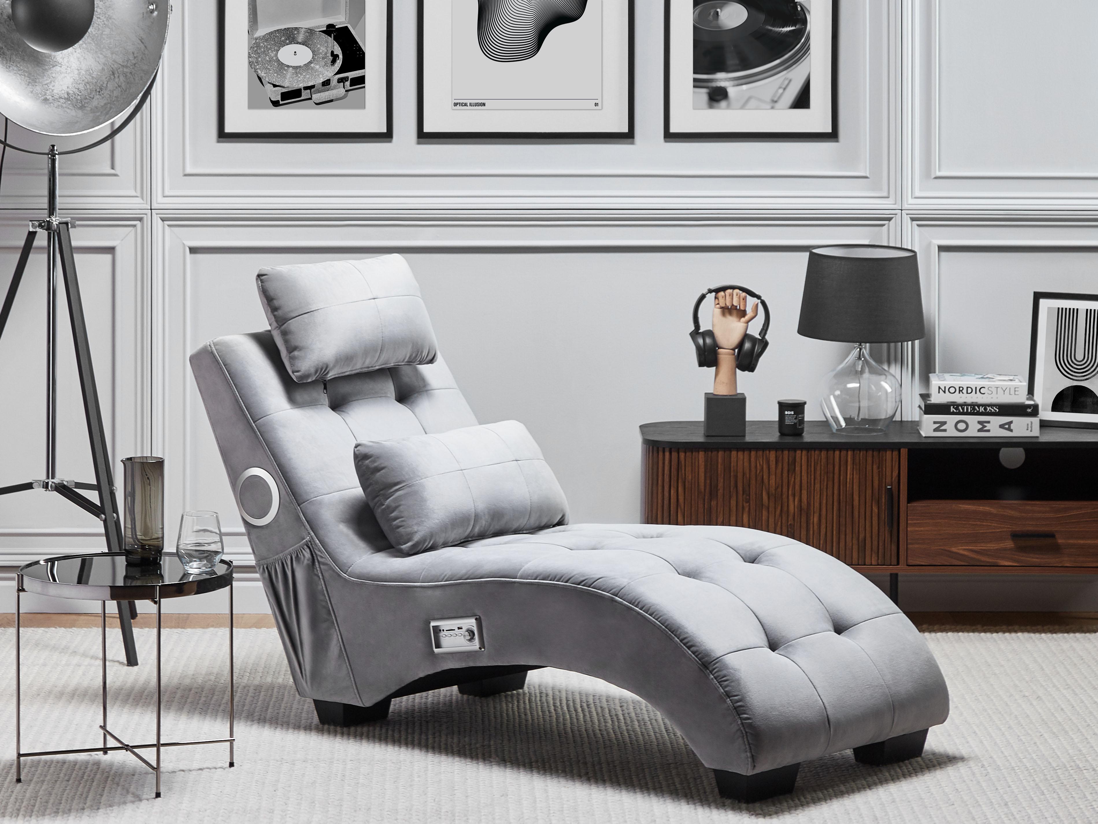 Chaise Longue SIMORRE Velvet Grey with Built-In Bluetooth Speaker