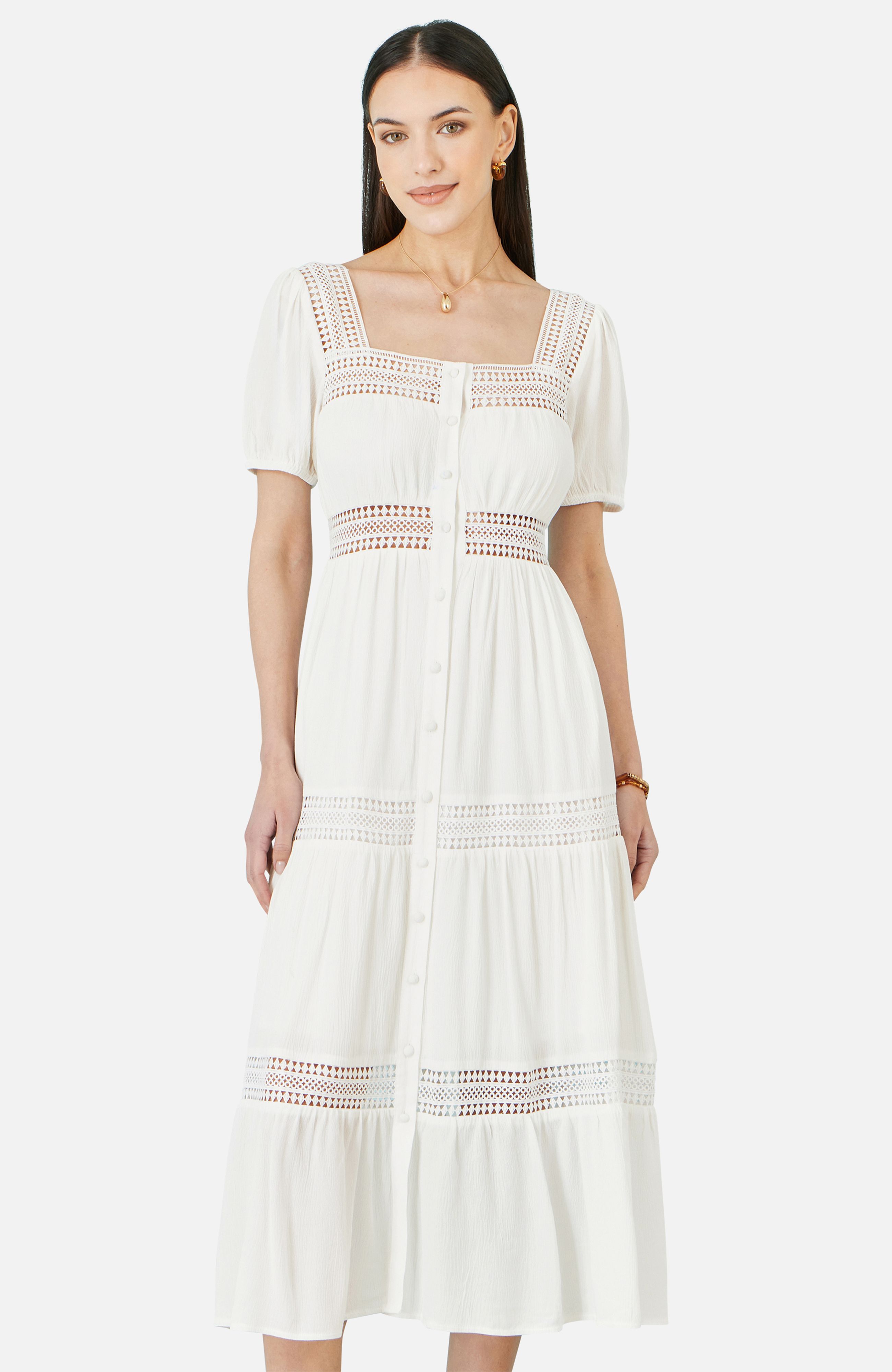 Yumi White Cotton Square Neckline Lace Midi Dress