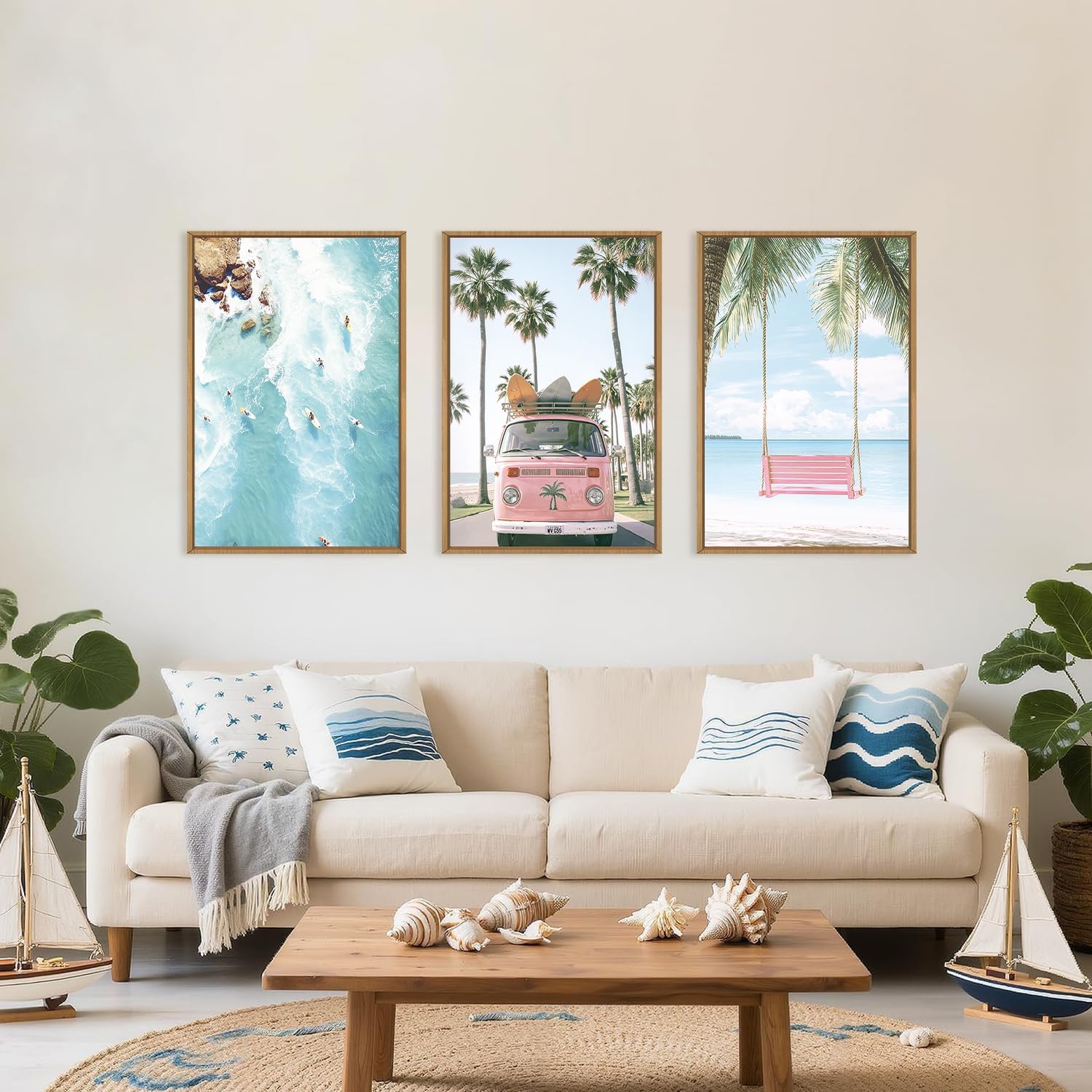 Large Summer Beach Surfing Scene Framed Canvas Wall Art Set,Coastal Pink Van and Surfboards Wall Decor,Trendy Beach Swing Palm Trees Artwork for Living Room,Bedroom-24 x36 x3