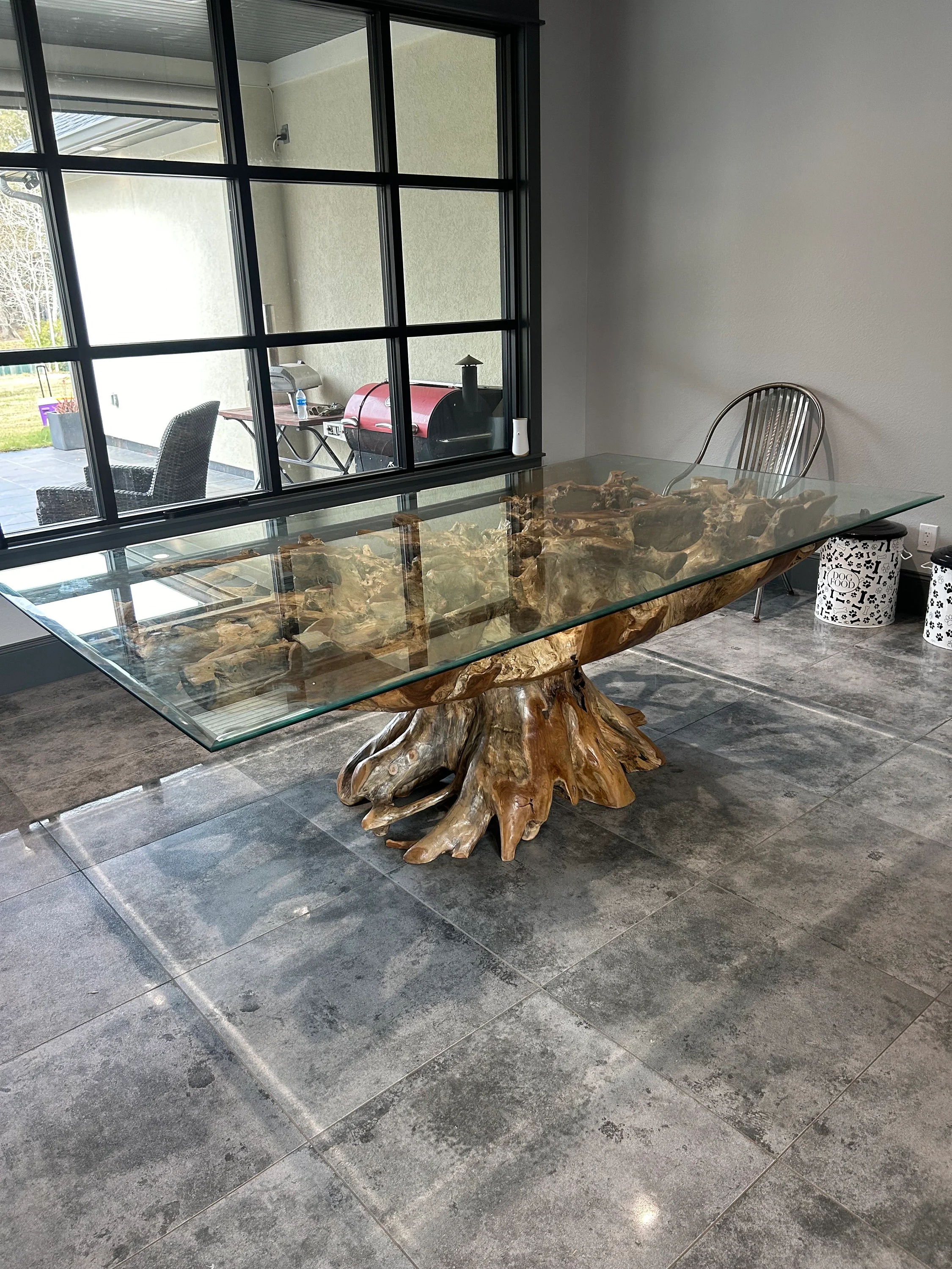 Teak Root Dining Table: Modern Tempered Glass Top, Live Edge