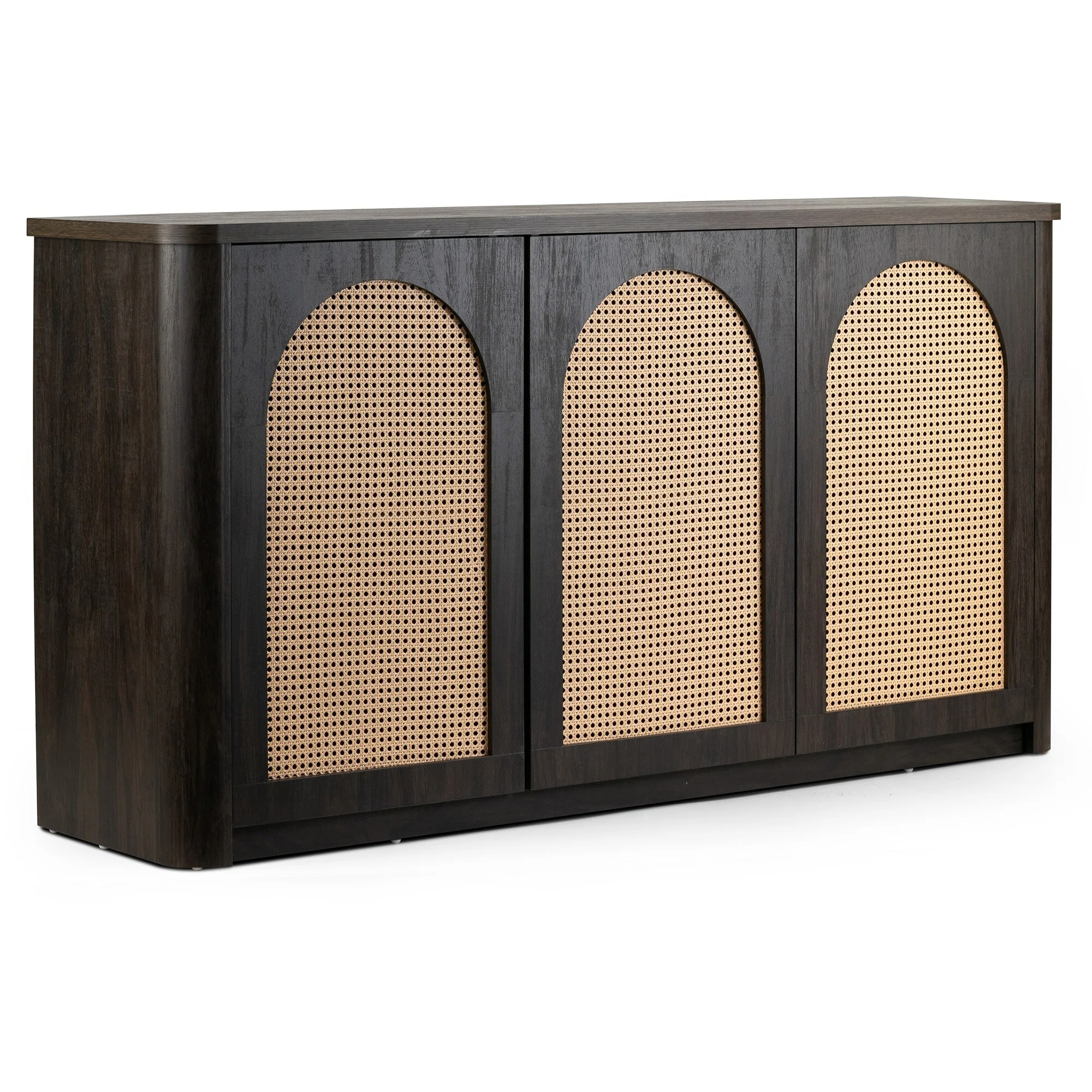 Bistra Brown Three Door Walnut Wood Sideboard with Rattan Doors