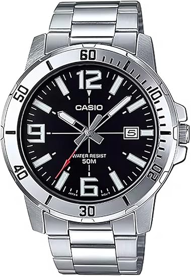 Casio MTP-VD01D-1BV Men's Enticer Stainless Steel Black Dial Casual Analog Sporty Watch, Silver, 48×42×10.7mm, Quartz Movement