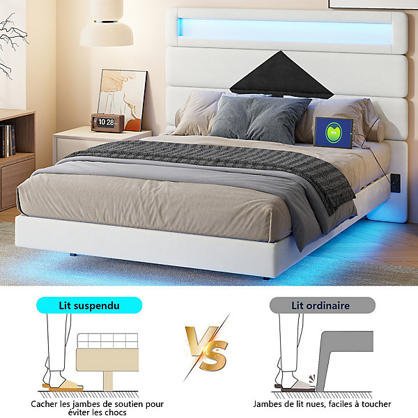 Lit double rembourré, 140 x 190 cm, avec éclairage LED, tête de lit avec station de charge USB,sans matelas