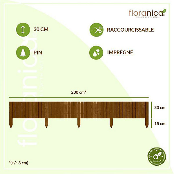 Floranica Bordure de jardin en bois flexible 30 x 200 cm Brune avec piquets, idéale pour délimiter pelouse et massifs de fleurs