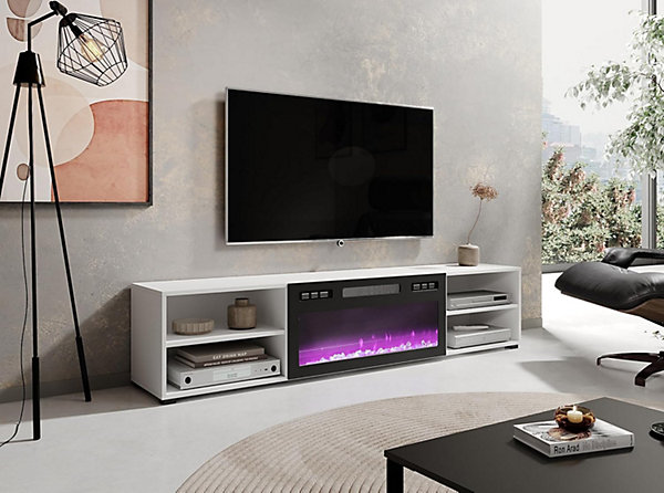 Meuble TV 180x39x33 Cm Blanc Mat Rolli Avec Cheminée Intégrée Noir Meuble a Susprendre Ou a Poser