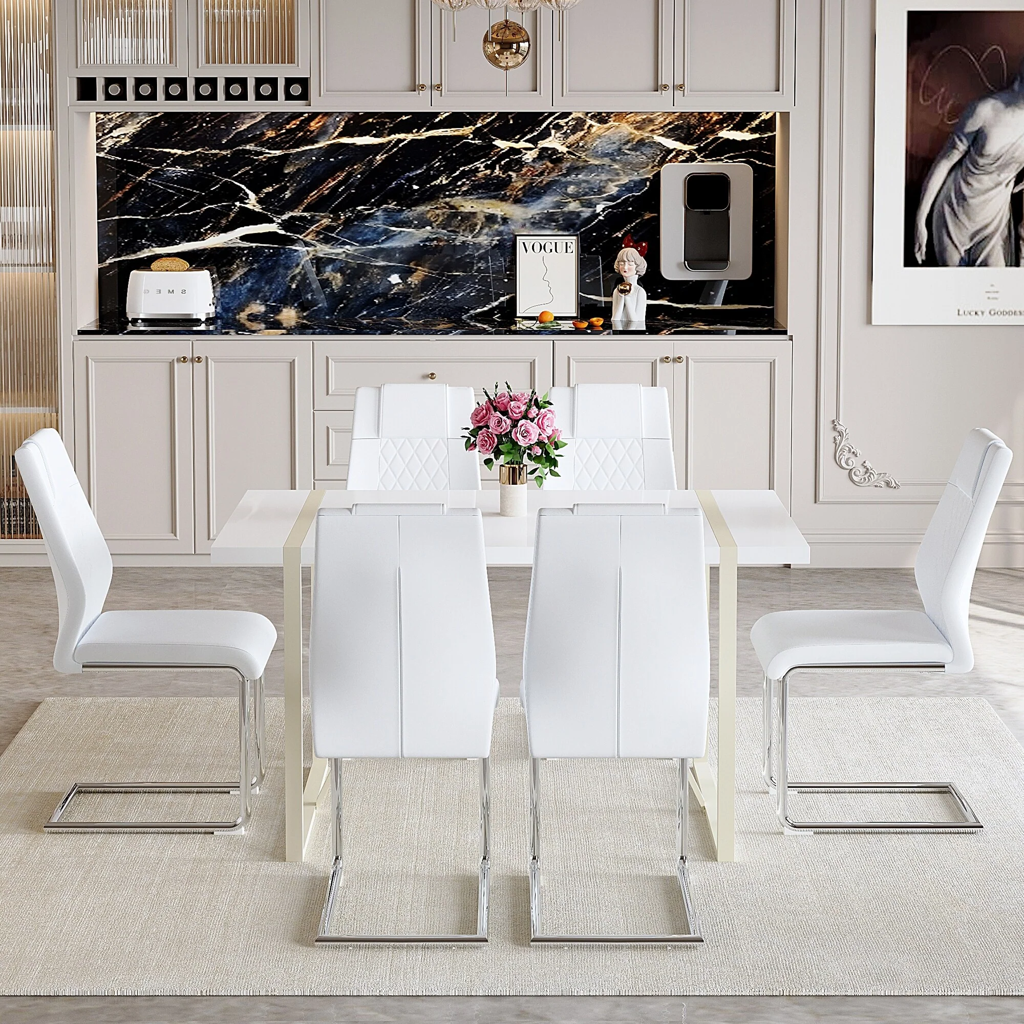 Table and chair set, Cream-Style MDF Dining Table Set with 6 Chairs With Metal Legs,MDF Tabletop and metal frame legs