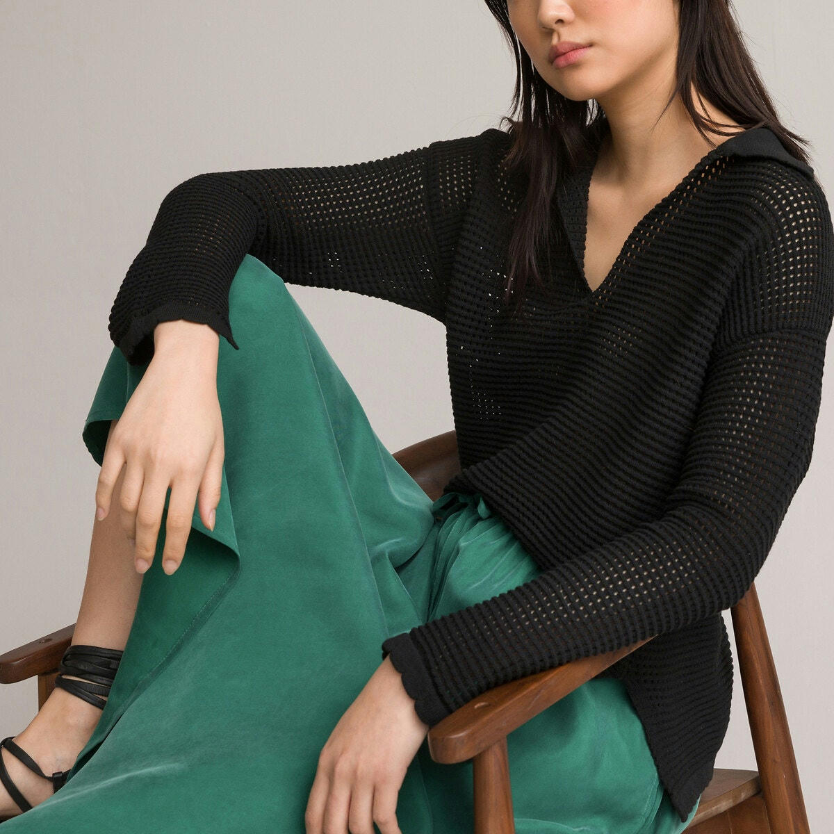 Pull col polo, manches longues en maille ajourée