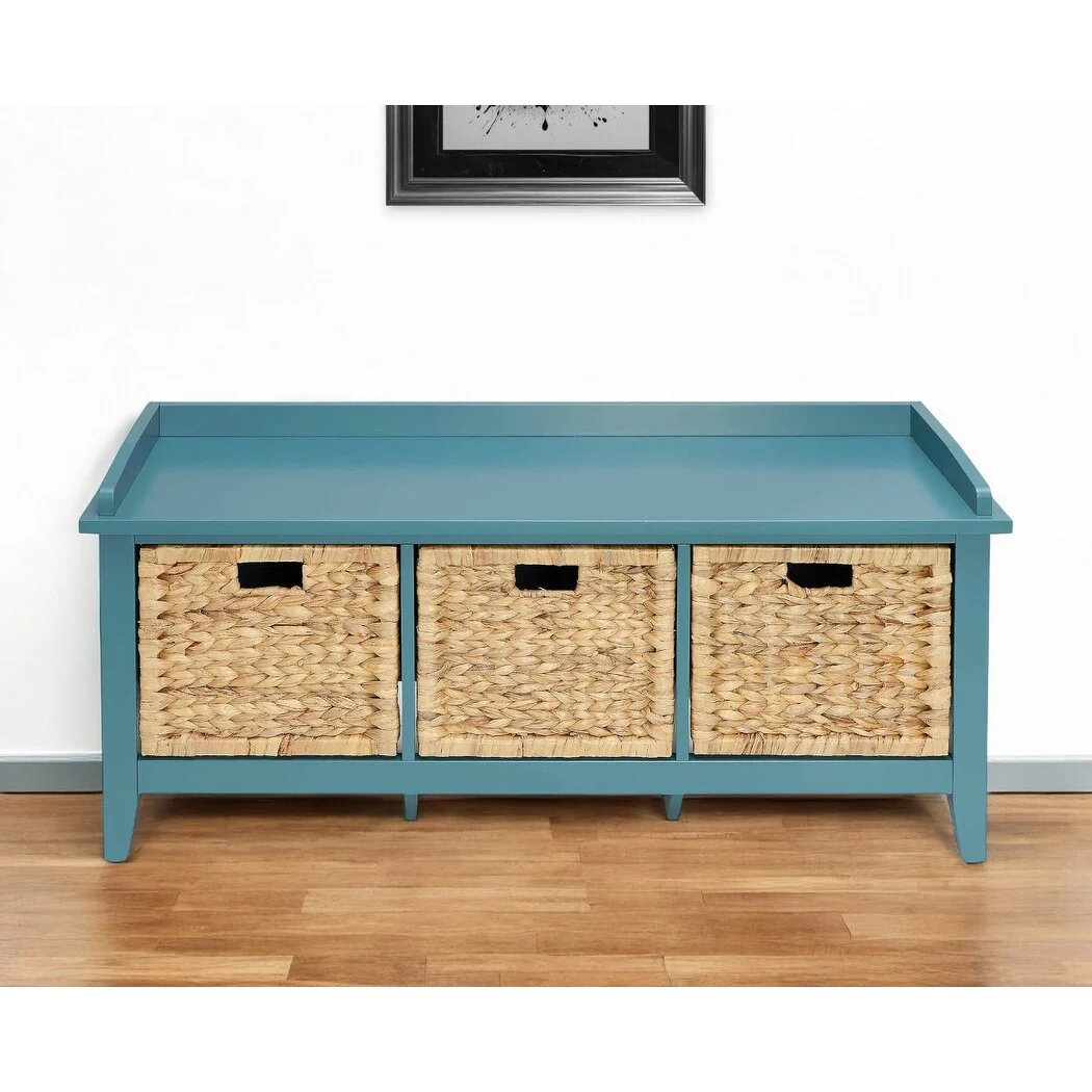 43 Inch Wood Entryway Storage Bench with Baskets in Teal Blue Finish - 43” x 16” x 19”
