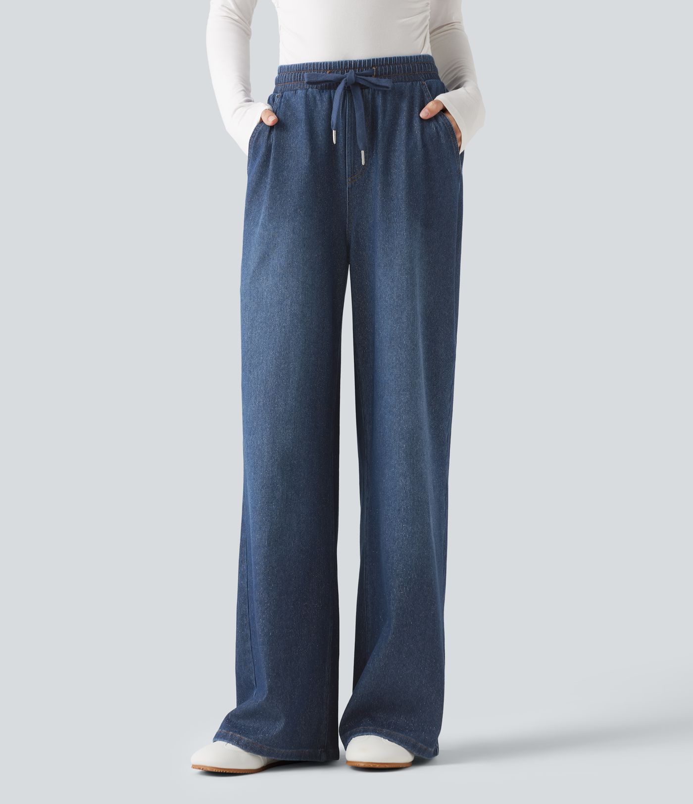 Pantalon de jogging effet jean Halara Flex™ taille haute large argenté avec cordon de serrage et poches