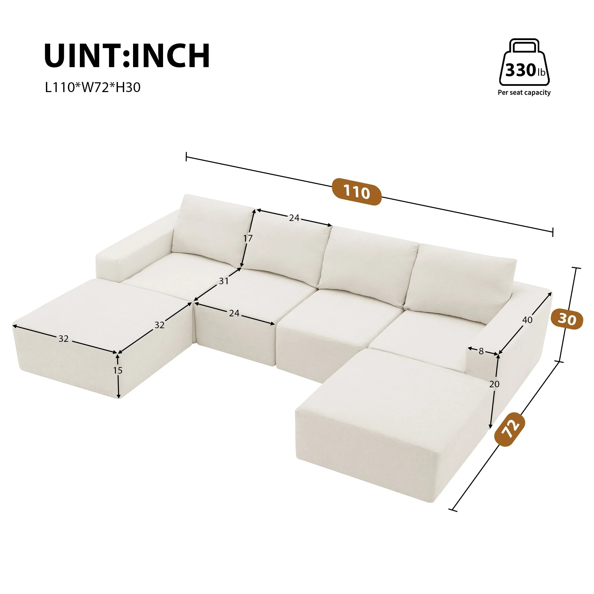 Beige 110 Modular U-Shaped Chenille 6-Seat Sectional Sofa with 2 Chaise Lounge Pieces and Luxurious Foam Filling