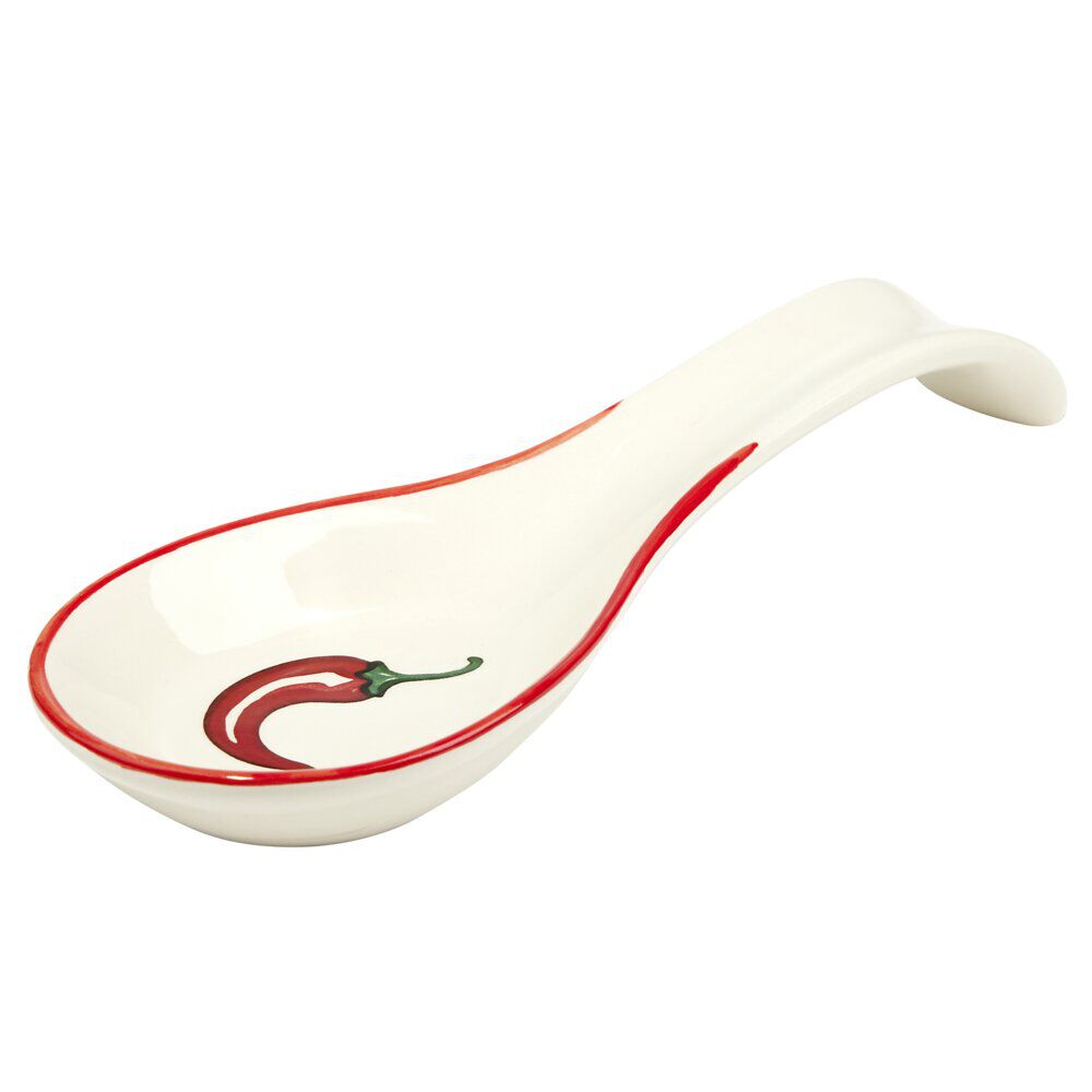 Repose-cuillère en céramique blanche motif piment rouge L16cm