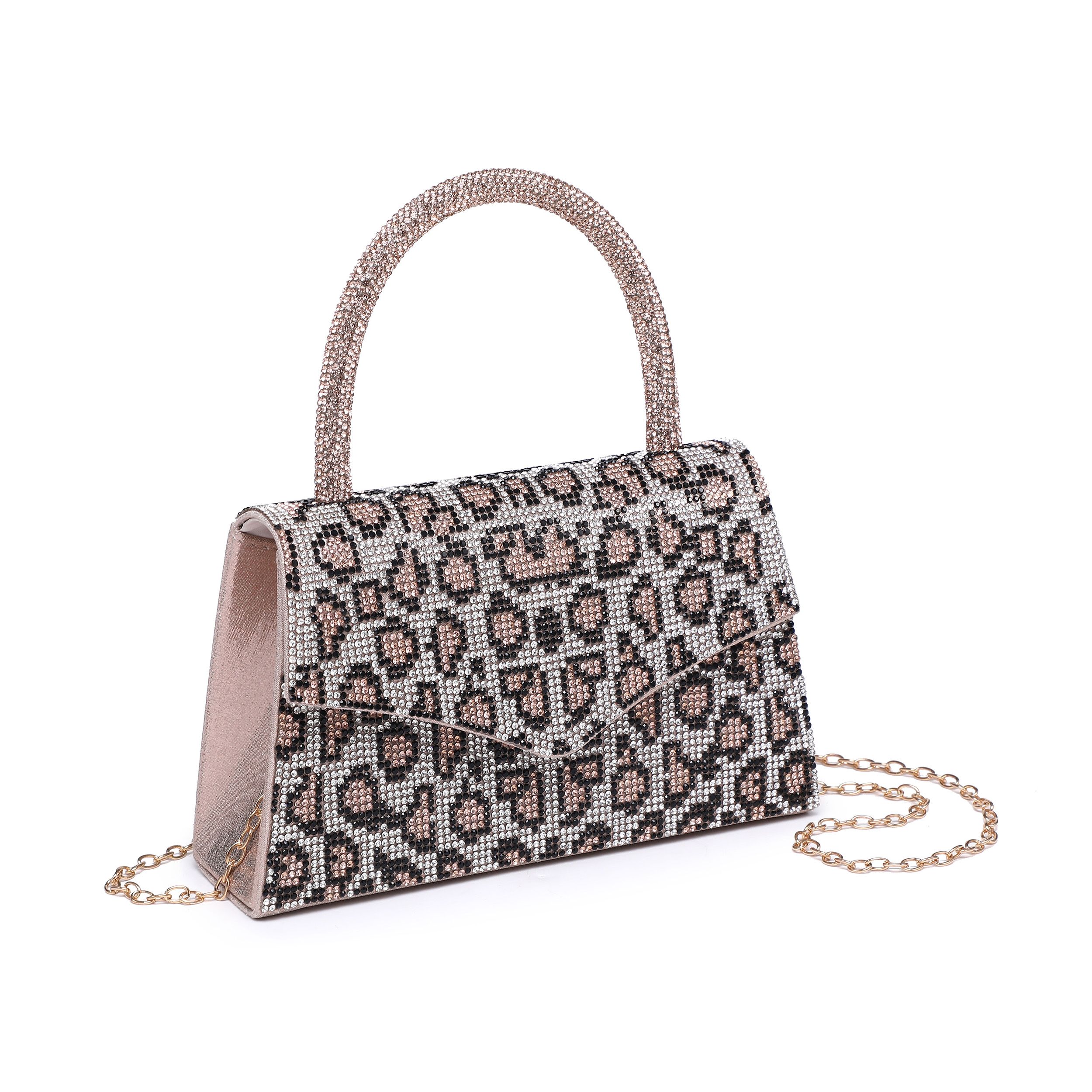 JFY Leopard Print Flap Trapezoid Shape Single Side Diamante Bag