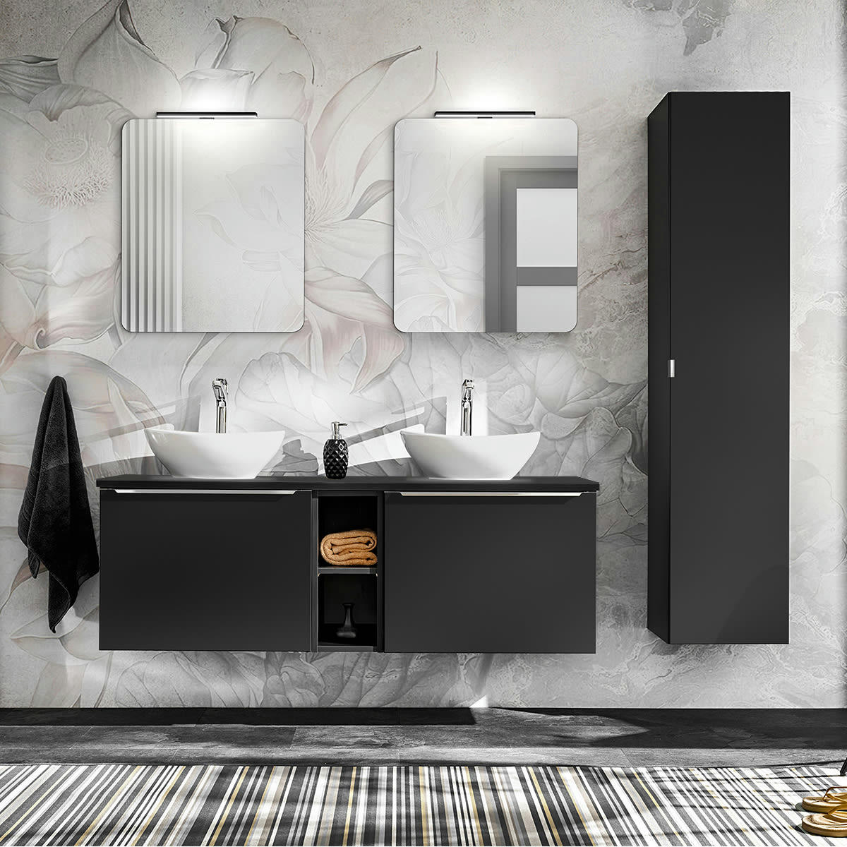 - Ensemble meuble double vasque 140cm et colonne stratifiés et mdf noir