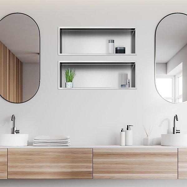 Balneo Niche murale de douche 60x20x10cm, étagère encastrable douche acier inox, finition brossée, WALL-BOX ONE