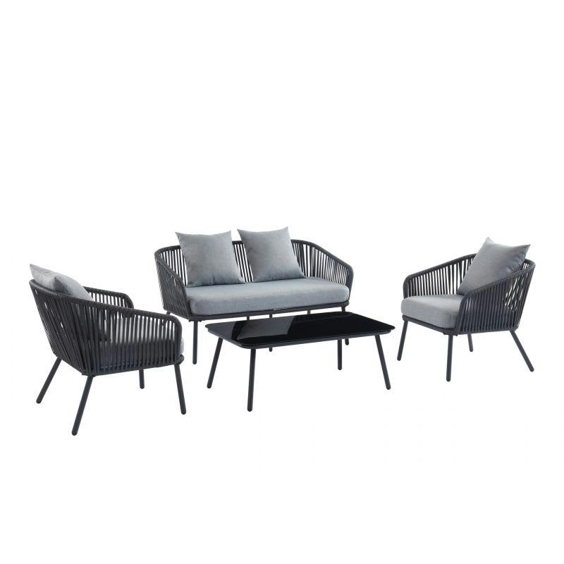 HAVANA - Salon de jardin en métal et corde coloris gris 4 places