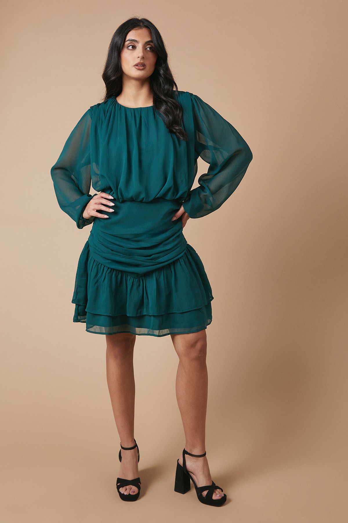 Oasis Chiffon Gathered Ruched Mini Dress
