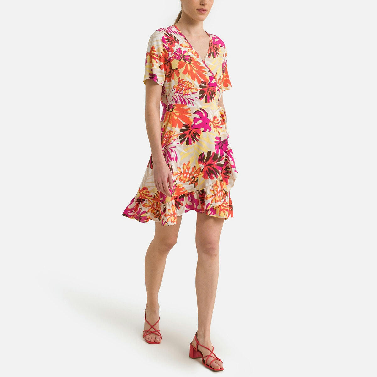 Robe courte imprimé feuillage, col V
