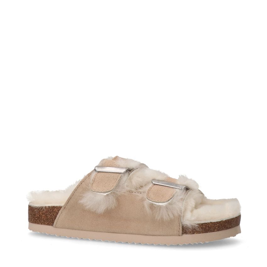Manfield Beige suède slippers met bontvoering